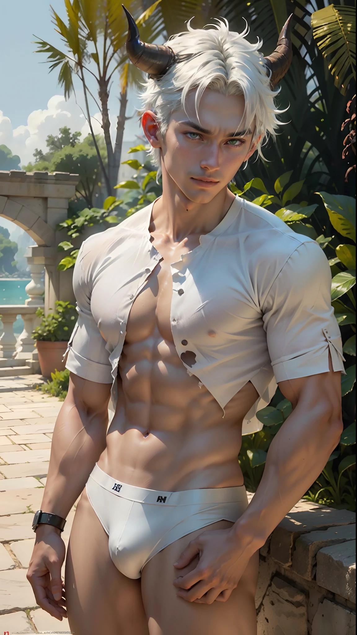 1 man, (male model) hot skin, masterpiece, best qualities, most handsome man in the world, by Tham Quan, perfect body, beautiful male model, an attractive man lead 18-24 years old aesthetic, blooming in summer, green lawn, summer, plain, trees, flowers, blue sky, white clouds, rough and handsome young man in transparent white shirt, transparent white fabric, exposed jacket shoulders, exposed chest muscles, exposed thighs, ((transparent white briefs exposed)), (male focus), (smooth body)), smile, super cute cute, dynamic pose, cool and seductive, impressive lighting, full body shot, full body shot, young face, full body, hairless body, tall and thin, balanced body, outstanding, skin white or white , Young face, Toned body, Hd, Natural skin tone, soft lighting, Very detailed, Looking at audience, photography, Detailed skin, real person, realistic, realistic optics Realistic, Crazy Detail, Facial Detail, Exaggeration Maximization, Exaggerated Surrealism, film , telephoto, light complex detail , High Detail, High Detail, Digital Painting , artstation, concept art, smooth focus, sharp, illustration, Unreal Engine 5, 8K, art by Ross Tran and Greg Rutkowski and Alphonse Mucha, UHD, 8k, Show just for men .8k Ultra HD, DSLR, low light, high quality, film grain, Fujifilm XT3, male fan, 2 person model, two people, ((white hair, horns on head, red horns))