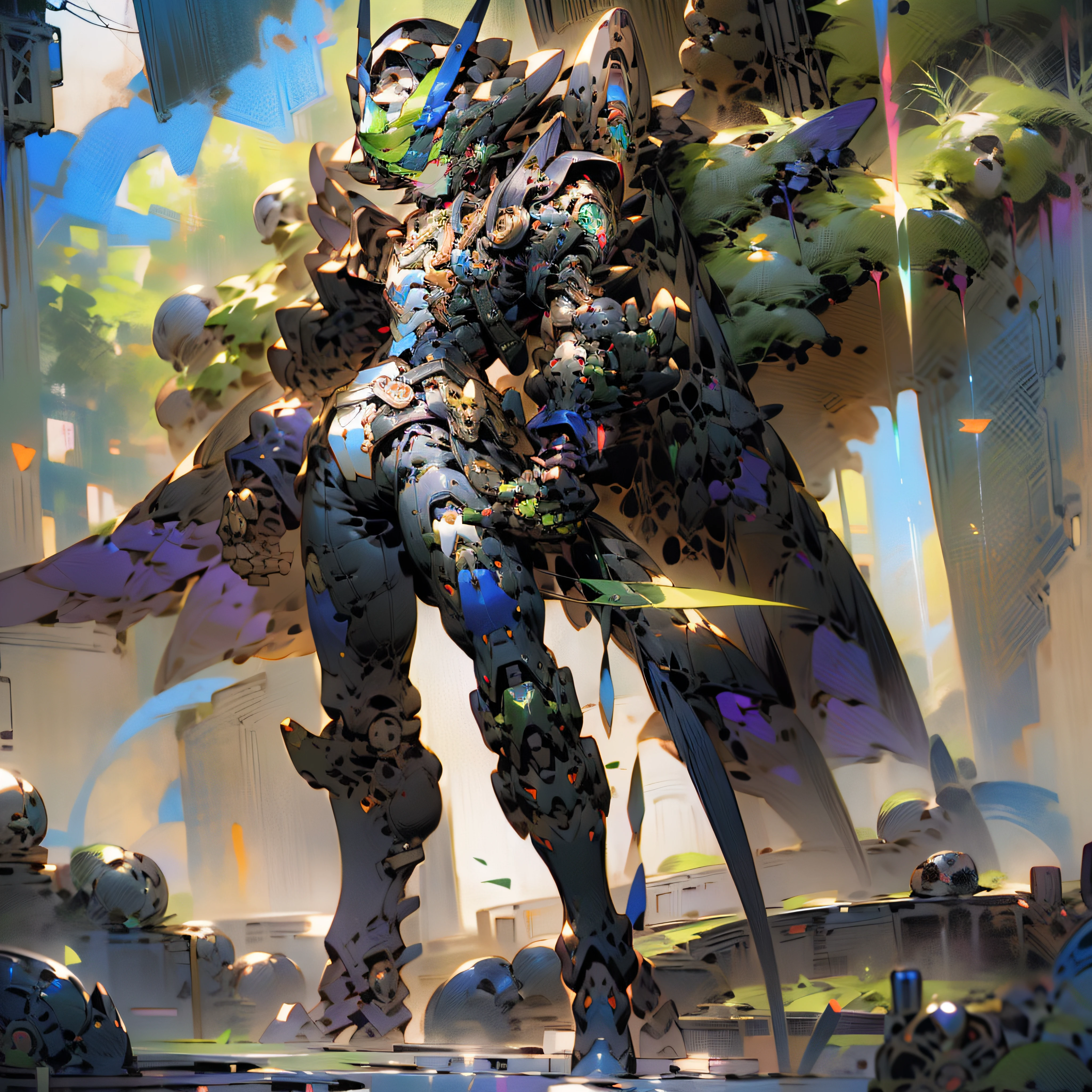 Render digital art,Extremely detailed light and shadow，Stylized digital art，超高分辨率，Extreme graphics and ultimate art style，Soft lighting，The high bitrate is 4K，Extreme ray tracing，Ultimate two-dimensional painting style，Side face display，exquisite and meticulous,Boutique art anime wallpaper 4k，Shot with a 120mm wide Canon Eos III ZEISS, detailed anime art，Superb purple-blue mech，Cute Zhengtai type boy，Extremely white hair assembly line，Ultimate armor Green Red，The ultimate purple-blue mech tights，The ultimate glamour eye，Ultimate purple and blue wings，The limit is chasing green, Purple blue mecha sword，The shape of the face is completely exposed，The ultimate purple and blue armor，The ultimate purple and blue arms exclusive to the body，The ultimate green and red mech robotic arm armored pants，The ultimate green and red dragon tail，The ultimate green-red mech legs，There are also the ultimate green and red mechanical shoes，Tougher than any body，The background is futuristic urban style，There are also autumn maple leaves floating under the trees