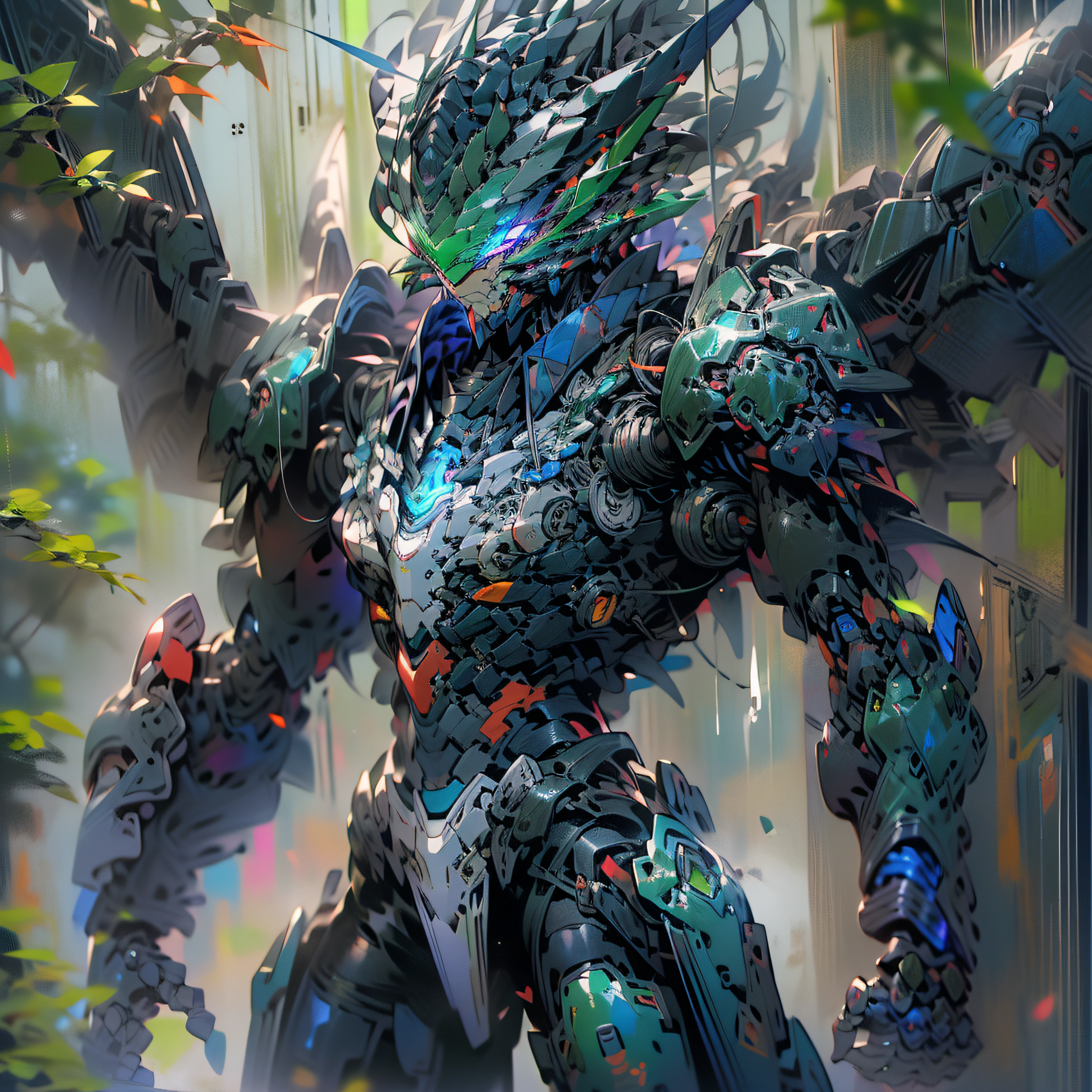 Render digital art,Extremely detailed light and shadow，Stylized digital art，超高分辨率，Extreme graphics and ultimate art style，Soft lighting，The high bitrate is 4K，Extreme ray tracing，Ultimate two-dimensional painting style，Side face display，exquisite and meticulous,Boutique art anime wallpaper 4k，Shot with a 120mm wide Canon Eos III ZEISS, detailed anime art，Superb purple-blue mech，Cute Zhengtai type boy，Extremely white hair assembly line，Ultimate armor Green Red，The ultimate purple-blue mech tights，The ultimate glamour eye，Ultimate purple and blue wings，The limit is chasing green, Violet blue mecha sword，The shape of the face is completely exposed，The ultimate purple and blue armor，The ultimate purple and blue arm exclusive to the body，The ultimate green and red mech robotic arm armored pants，The ultimate green and red dragon tail，The ultimate green-red mech legs，There are also the ultimate green and red mechanical shoes，Tougher than any body，The background is futuristic urban style，There are also autumn maple leaves floating under the trees