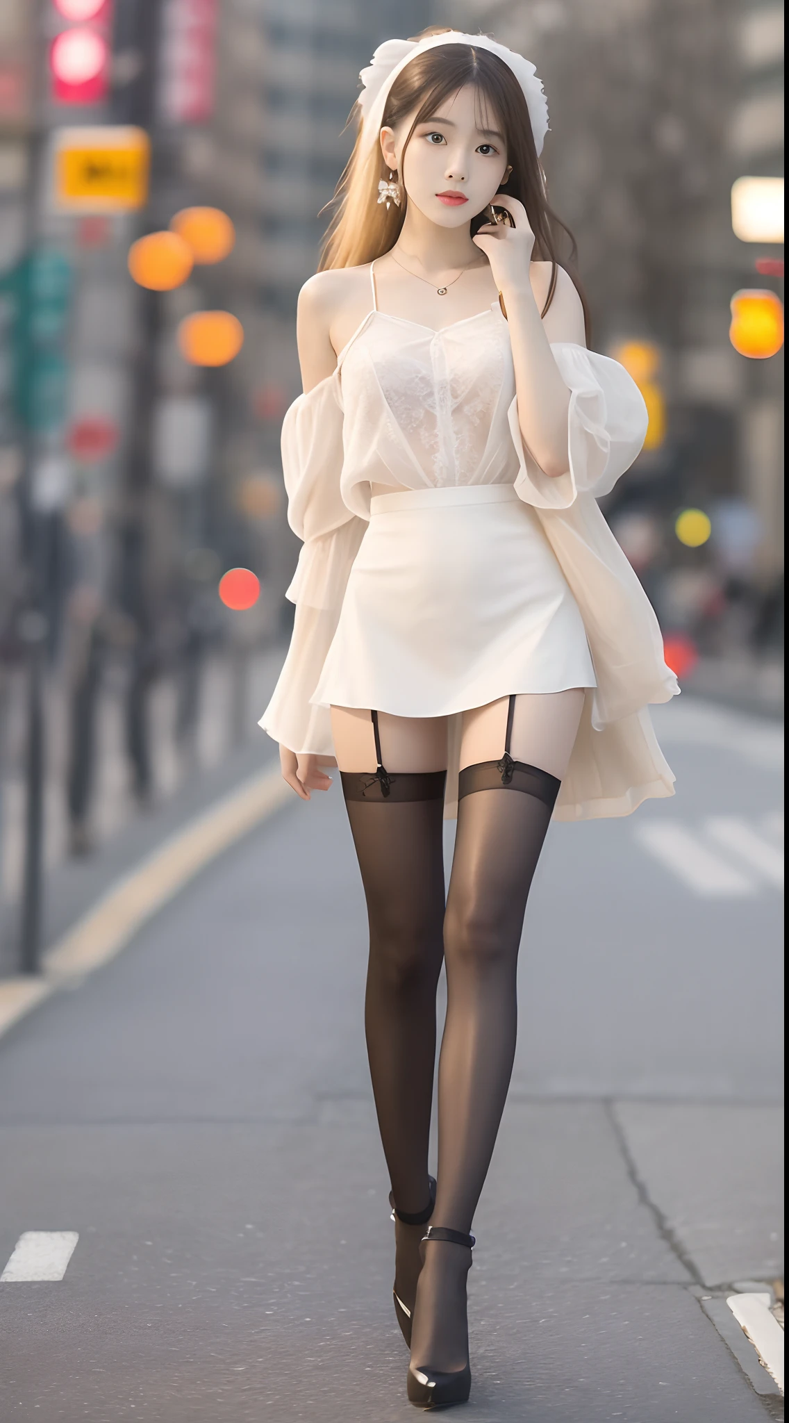 true to life,Photorealistic 1.5,((best qualtiy, 8K, tmasterpiece:1.3)),SLR camera (二重まぶた,largeeyes:1.3),(Korean female model 1.5),(Full body photo 1.5)(Female star 1.5)Clear focus 1.2, Perfect body beauty:1.4 , Delicate skin1.1,(Long white hair 1.6),(Fashion watch 1.4),(Pure desire 1.3)(Black pantyhose 1.5)(Leg length 1.2 m 1.5),Slender legs,pony tails,mink coat,camisole,Short leather skirt,The legs are particularly thin,Cloth shoes,With earrings,bangle,The road at night,