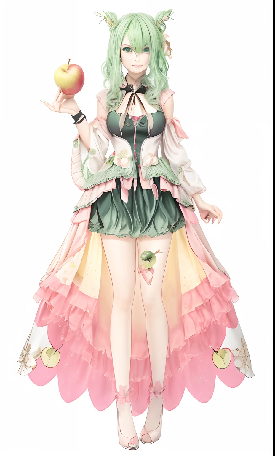 Girl with green hair and in a pink dress holding an apple