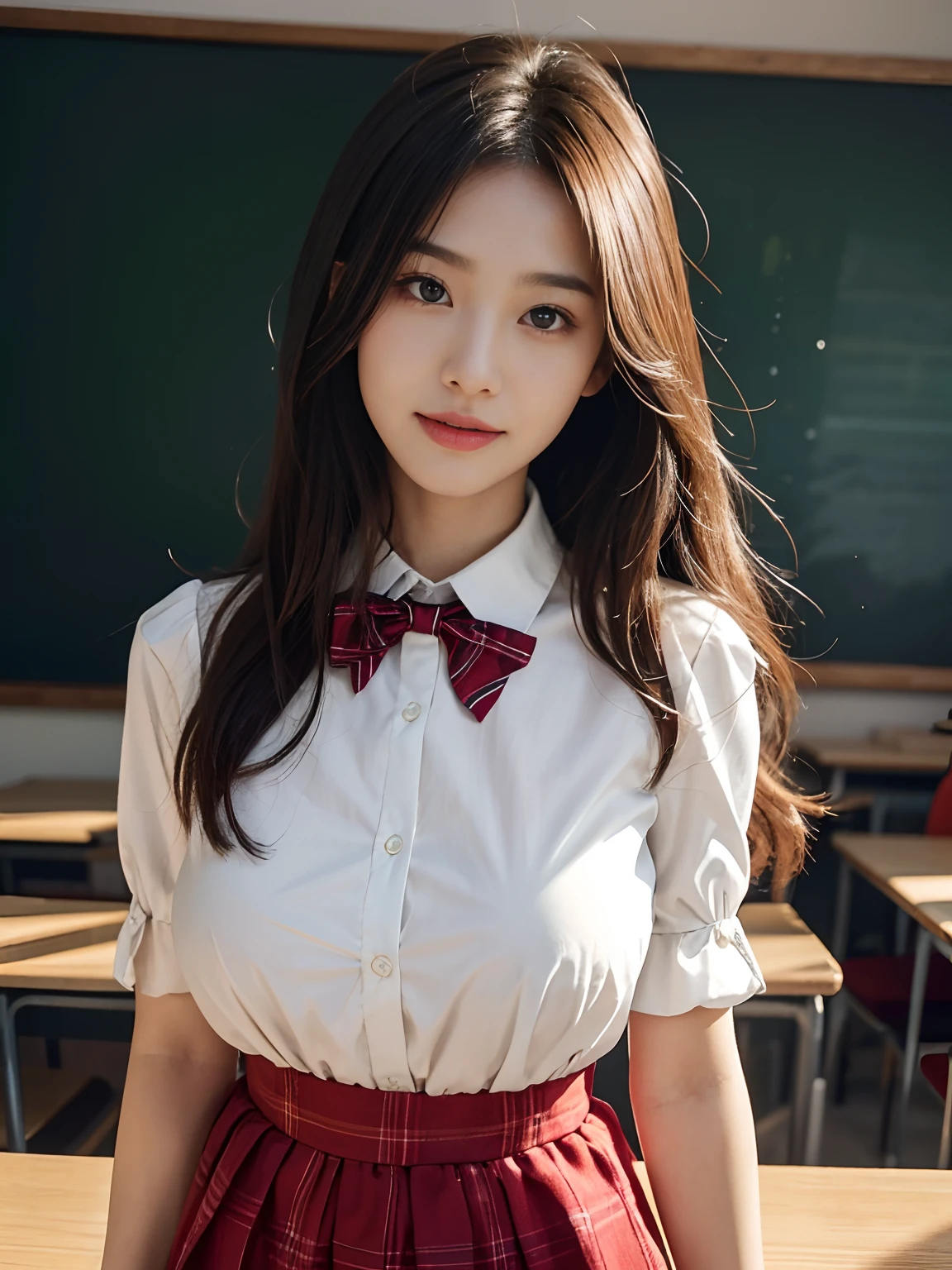 best qualtiy,tmasterpiece,超高分辨率,(真实感:1.4),RAW photogr,1girll,long whitr hair,Face Highlighting,Pure,Girly,Flushing,18yr old,18-year-old smiling female classmate,Pure,Innocent,(best qualtiy,8K,tmasterpiece:1.3),Goose egg face,largeeyes,long eyelasher,Exquisite(live-action realistic style),Star-like eyes,Ultimate face,Photorealistic light and shadow,Clear facial features,Milky white skin,Fair skin, highdetailskin, Realistic skin details, Visible Pore,(Super detail),(perfect bodies:1.1),long whitr hair,(dynamicposes),((Dynamic background((volumettic light:1.3)),Classroom,Plaid skirts,red bowtie,huge tit,White color blouse