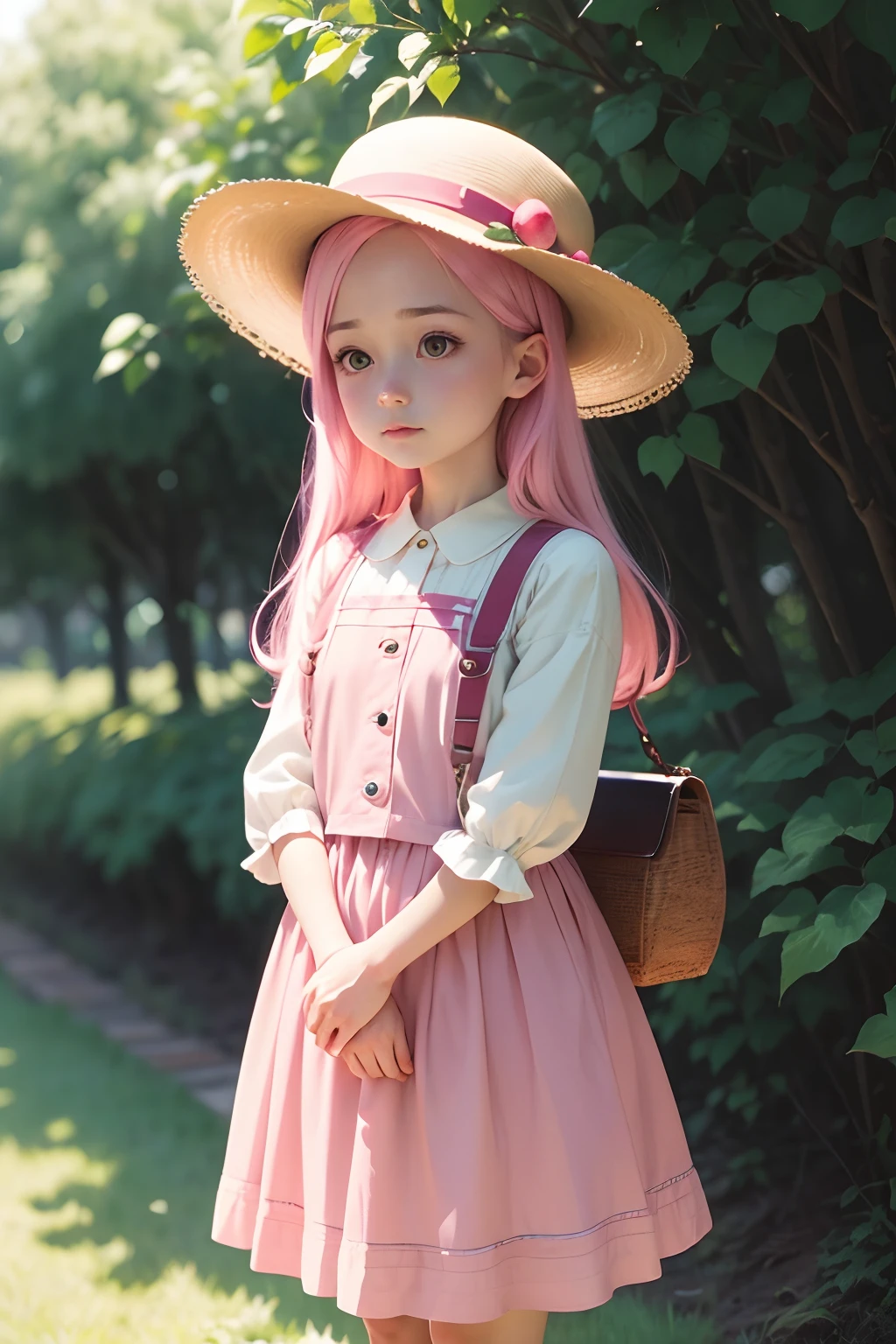 pink hair with long strands，With a hat，Delicate girl，Big eyes、Long eyelashes，Bright background，Pink skirt，apples，morango，Perfect lighting，Cinematic texture，super detailing，真实感(1:1.4)，Lovely style