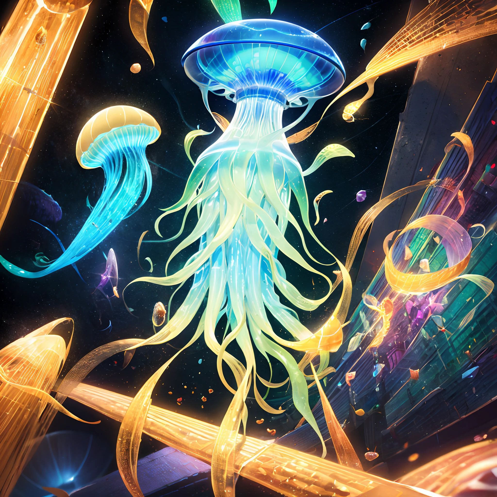 Like a squid and jellyfish, iridescent Crystal , life form surviving in space, covered with a thin, transparent, Pulsation, No human,