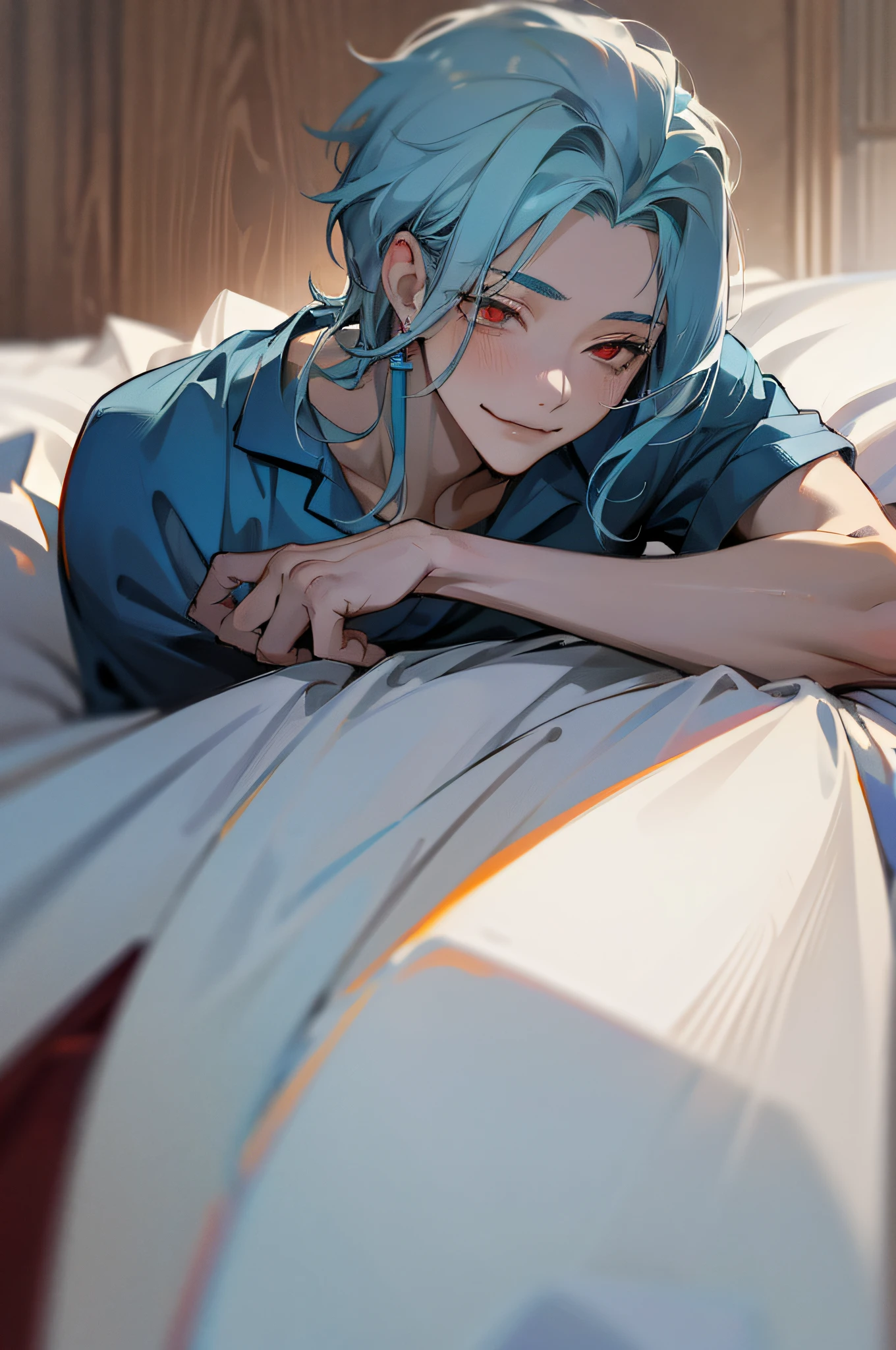 dottore, 1boy, light blue hair, pajamas, light blue cute pajamas, bare feet, eyes open, red eyes, sleepy, male focus, solo, detailed face, looking at viewer, full body, indoor, bedroom, lying on bed, (masterpiece:1.2, best quality), relaxing atmosphere, soft lighting, cozy setting, comfortable surroundings, calm mood, dreamy expression, sleepy eyes, perfect anatomy,