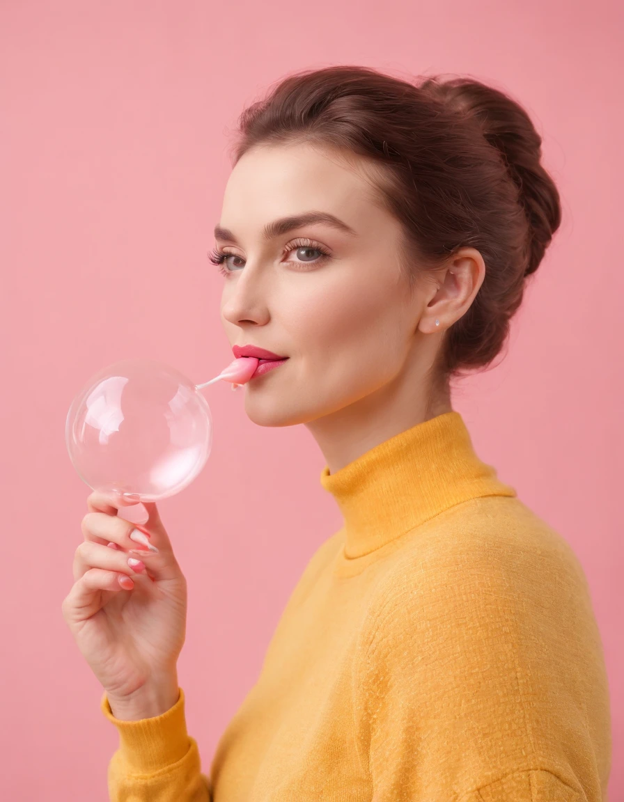 A hyperealistic photograph smiling young woman blowing bubble gum up in high heels and yellow sweater against pink background, in the style of patricia piccinini, minimalist backgrounds, flickr, loretta lux, noise photography, emotive faces, daniela uhlig, uhd photo, clean sharp focus, I can't believe how beautiful this is, HDR, upper body