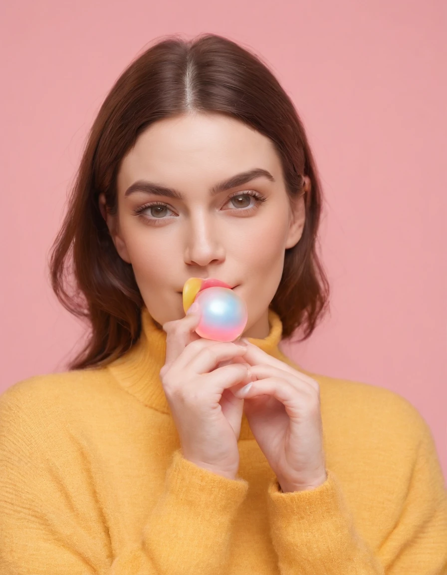 A hyperealistic photograph smiling young woman blowing bubble gum up in high heels and yellow sweater against pink background, in the style of patricia piccinini, minimalist backgrounds, flickr, loretta lux, noise photography, emotive faces, daniela uhlig, uhd photo, clean sharp focus, I can't believe how beautiful this is, HDR, upper body