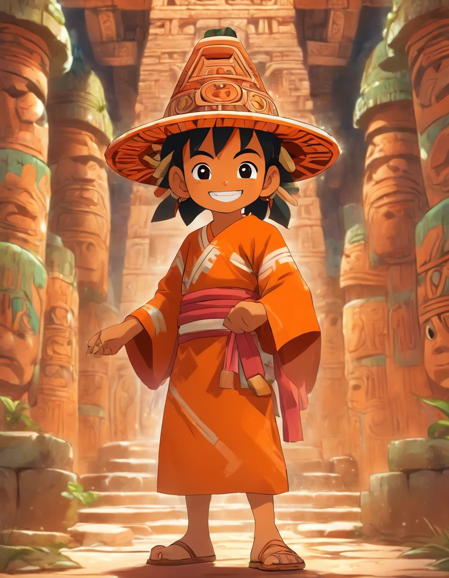Child wearing hat and orange clothes, architectural style of Mayan art, happy core, joy and optimism, Konica large mini, organic (medium shot)