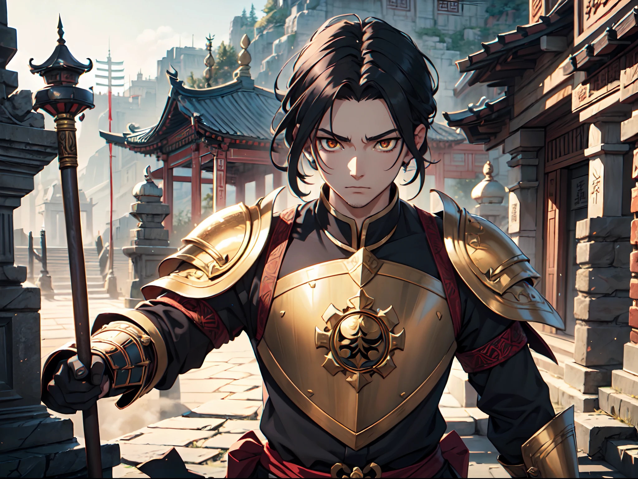 Ultra High Definition, Ultra High Quality, Extremely Detailed, Perfectly Detailed, Masterpiece, 8k, 1 Boy, Look A Like Xin From Kingdom Anime, Handsome, Armored With Chinese Emperor Armor, Black And Orange Pupil Eyes, Black Long Hair Tied, Full Body Shot, Ancient Kingdom Background