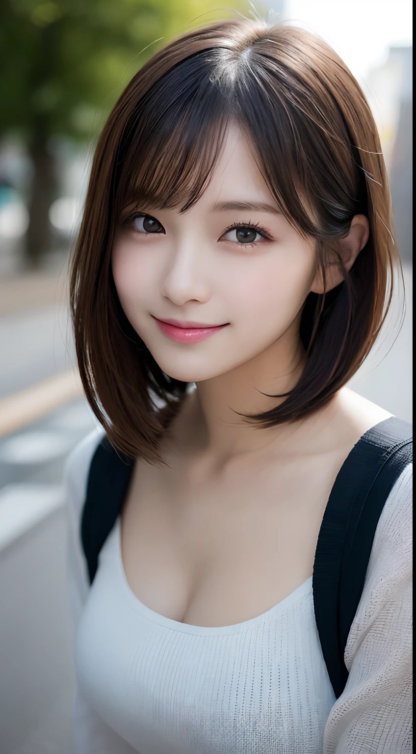 (masterpiece:1.2,Highest quality),Blur the background,1 female college student,((Cute casual clothes)),((Gravure pose)),((Beautiful Eyes)),Blushed,Healthy Skin,Observe the audience,(smile),(Shinjuku Date),8K resolution