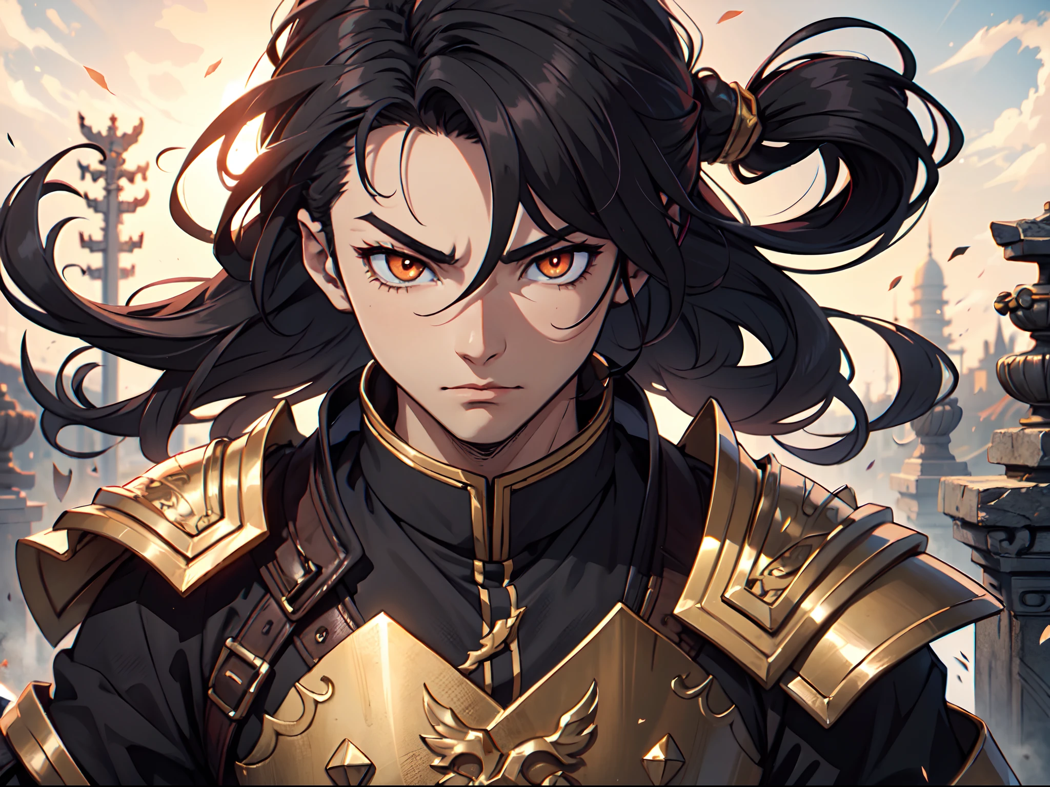 Ultra High Definition, Ultra High Quality, Extremely Detailed, Perfectly Detailed, Masterpiece, 8k, 1 Boy, Look A Like Xin From Kingdom Anime, Handsome, Armored With Chinese Emperor Armor, Black And Orange Pupil Eyes, Black Long Hair Tied, Full Body Shot, Ancient Kingdom Background