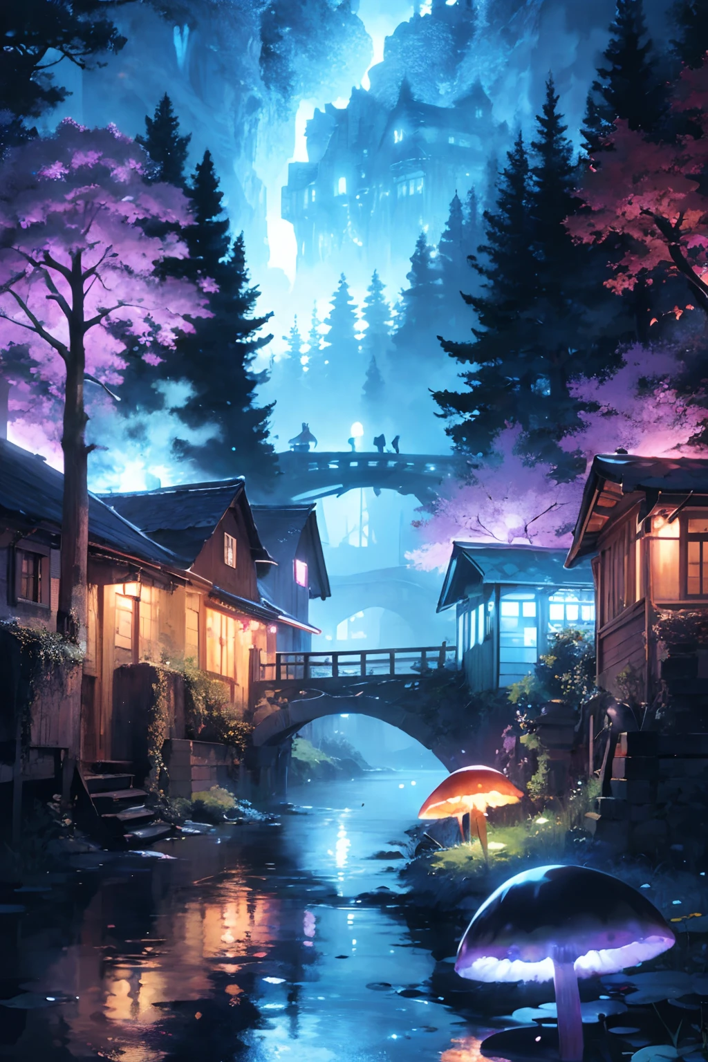 There is a painting of a small town with a bridge and a river - SeaArt AI