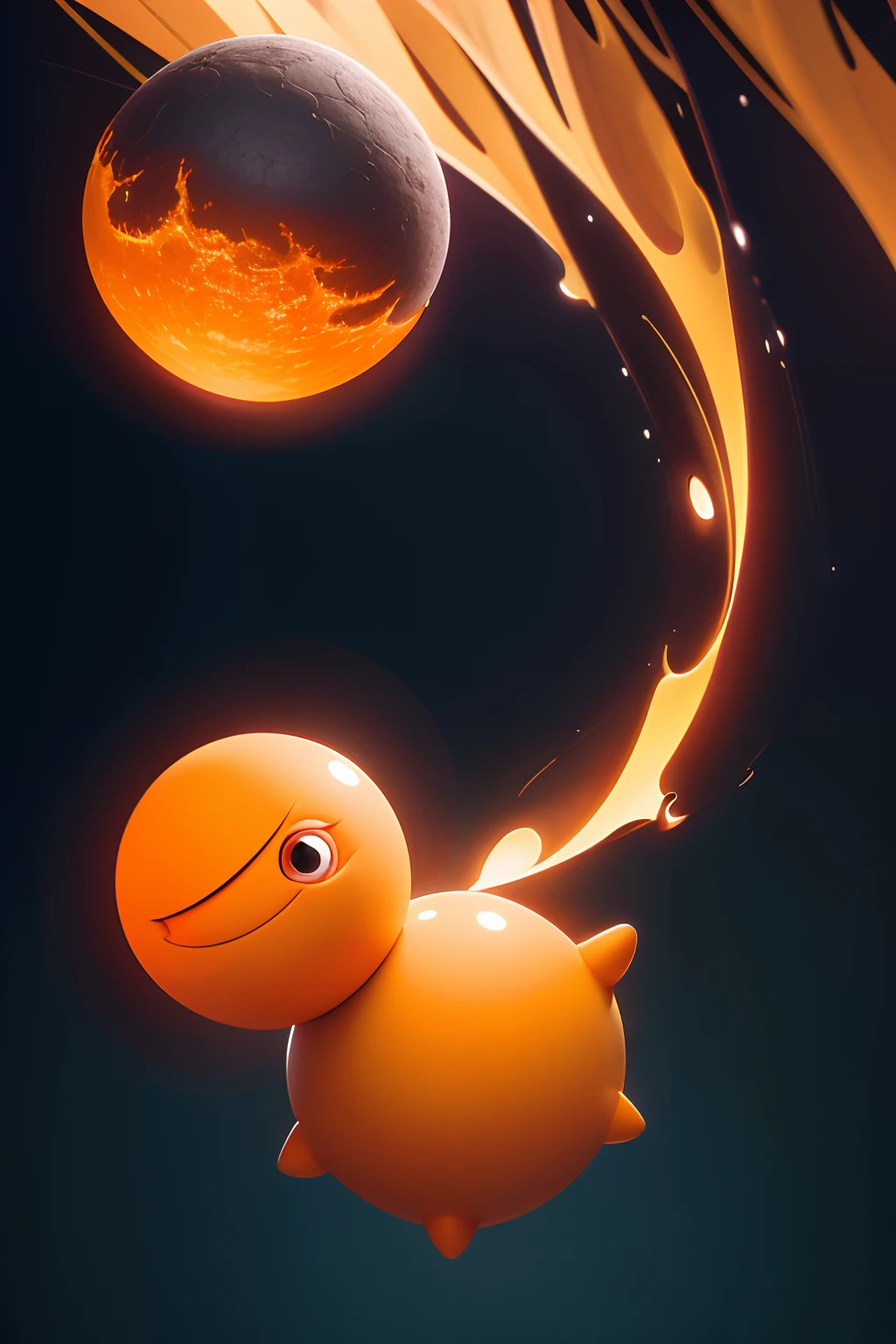 A very dynamic scene. fairytale "Kolobok". Funny isolated object - only an orange ball. The ball smiles broadly and bounces. The ball has small arms and legs. a closeup of a. Disney's Pixar cartoon character. super realistic. Cinematic. Blurred background of dark forest, Light haze.