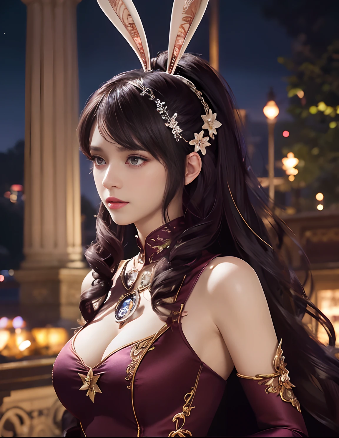 1girl,rabbit ears,long dress,long hair, hair ornament, ponytail, collar,metal collar,shiny,cityscape, night, looking at viewers, ((perfect female body)), solo,(immersive atmosphere, chiaroscuro:1.5,bright light:1.2,luminous lighting) ,,(blush:0.5),seductive expression, purple eyes,thick thighs,large breasts, beautifully detailed background,depth of field,realistic:1.3, long shots