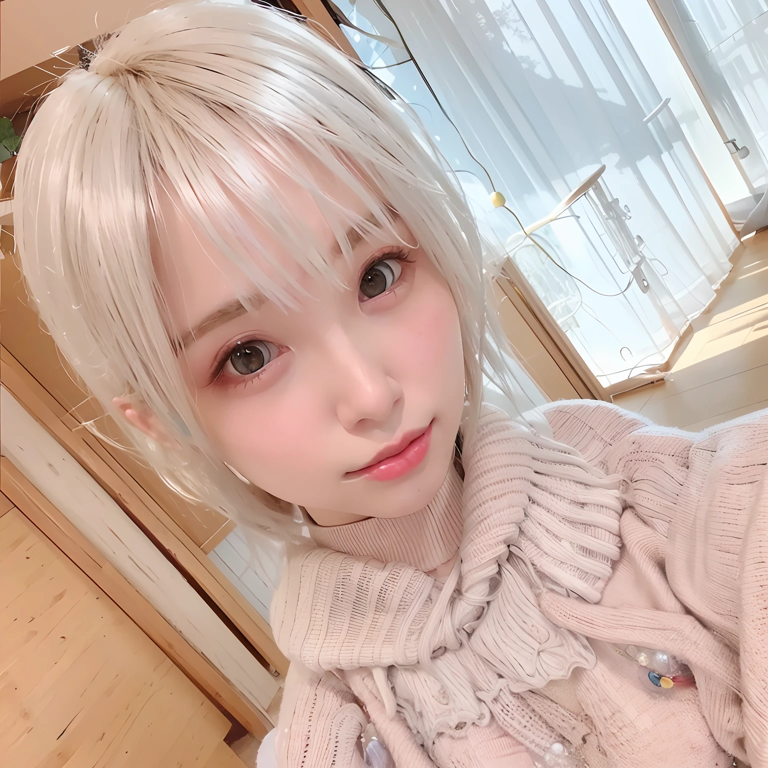 full bodyesbian、white  hair、(Dragoon: 1.2)、Brantovan、​masterpiece、top-quality、Official Art、Highly elaborate CG Unity 8K wallpapers、For girls、超A high resolution、(Photorealsitic:1.4)、Golden Hour Lighting、sweater dress、(The upper part of the body)、(Platinum Shorthair:0.8)、(Puffy eyes)、Look at viewers、front facing、a smile、mideum breasts、shirts lift、short-hair、All Nude