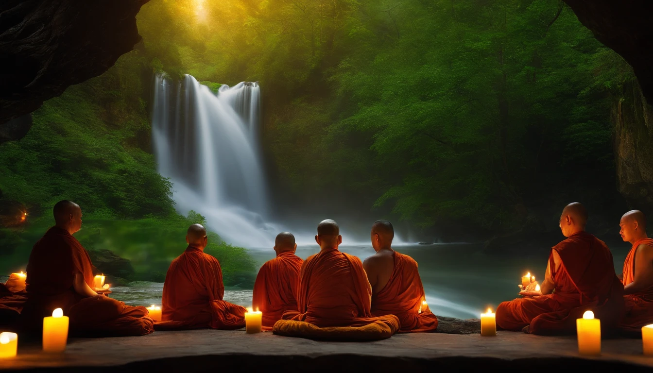 buddhist monks sitting with candles in front of a waterfall, meditating, natural scenery, music, slot, in the forest, exquisite scenery, ordination, hdr, 8k, facebook cover rate