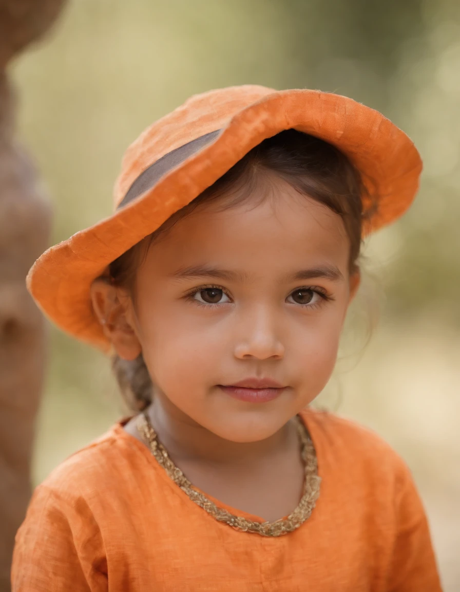 Child wearing hat and orange clothes, architectural style of Mayan art, happy core, joy and optimism, Konica large mini, organic (medium shot)