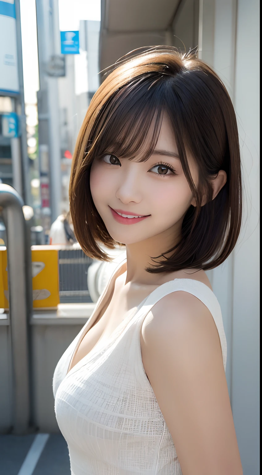 masutepiece, Best Quality, Illustration, Ultra-detailed, finely detail, hight resolution, 8K Wallpaper, Perfect dynamic composition, Beautiful detailed eyes,Short bob hair,Small breasts natural color lip, Bold sexy poses,Smile,Shibuya、20 years girl、Cute、Subject looking at sexy pose on camera,Gravure Model Pose