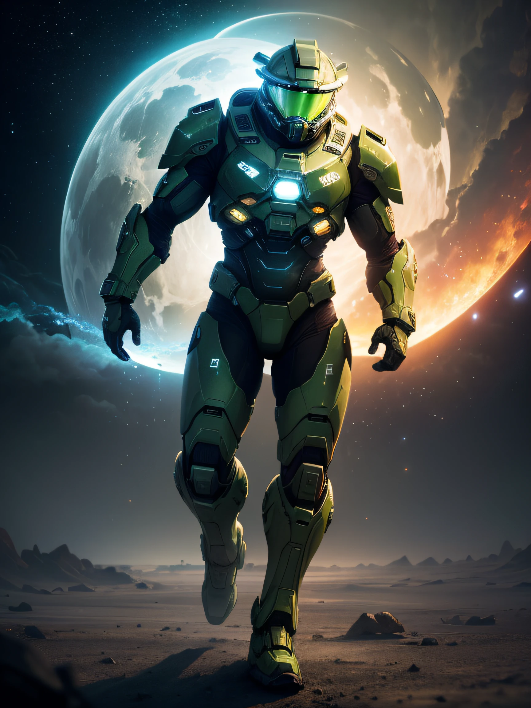 (best quality,4k,8k,highres,masterpiece:1.2) ,ultra-detailed,(realistic,photorealistic,photo-realistic:1.37),Space, Astronaut, Psychedelic, Unreal Engine 5, Man, Black Hole, Green, Master Chief Halo, Full Body Photo, vibrant colors, futuristic lighting, extraterrestrial landscape, glowing nebula, intricate space suit, cosmic energy, epic composition, dynamic perspective, surreal atmosphere A detailed illustration Of Master Chief Halo Spartan, magic, t-shirt design, green color