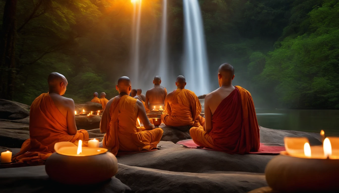 buddhist monks sitting with candles in front of a waterfall, meditating, natural scenery, music, slot, in the forest, exquisite scenery, ordination, hdr, 8k, facebook cover rate