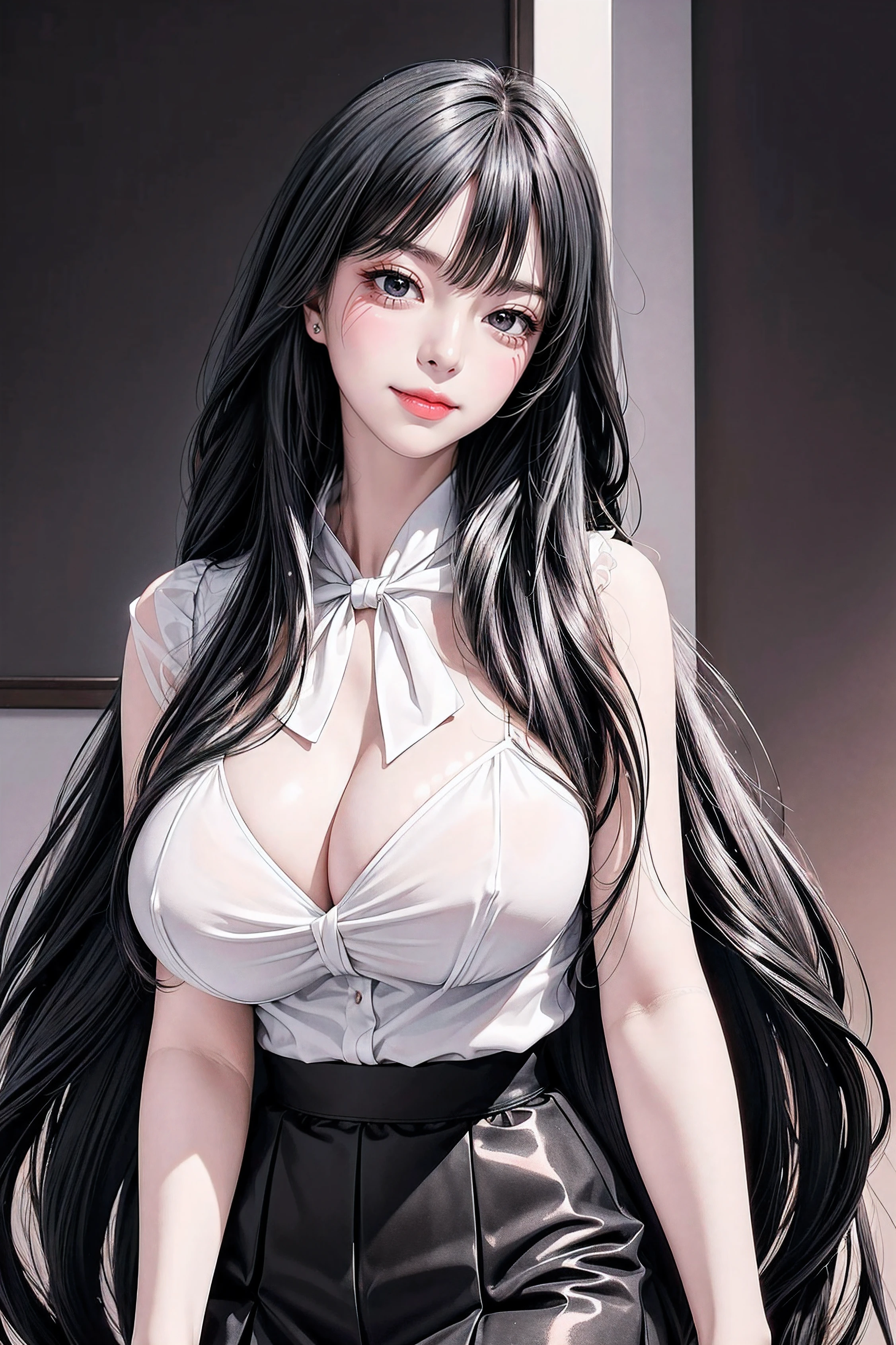 {{(((🌇🍷🎷😘)))}},ulzzang -6500-v1.1,(Raw foto:1.2),((Photorealsitic:1.4)),top-quality,masterpiece, illustratio,{(Extremely delicate and beautiful:2.0):2.0}, extremely details CG ,Unity,{(8K Wallpaper:2.0)}, astonishing、finely detail, Official art,the Extremely Detailed CG Unity 8K Wallpapers,absurderes, incredibly absurdness, huge filesize, ultra-detailliert, hight resolution, a beautiful detailed girl, extremely detailed eye and face, beatiful detailed eyes,Facial light,(((😃))),{(thighs thighs thighs thighs)}, {(Full body))}
(((Straight bangs:))),(((Very long black hair, Ridiculously long black hair:1.1))),Long black hair like a stream of water, Lustrous black hair all over the back, Black hair shiny like silk thread, Long black hair shining like jewels, black hair with wet feathers, 1girl in, (blush)+, lightsmile, School uniform, Short sleeves, Narrowed eyes, (upward-eyed)1.1, Backlight, Bokeh, (the see-through white shirt), bowtie, (Long breasts,Huge breasts, Super breasts:1.5), plaid skirts, White panties, ,a beauty girl, blush, Seductive smile,Insane details and very detailed, Huge lower eyelid. masutepiece, of the highest quality, Ultra high definition, max resolution, Very detailed, Clean skin,
