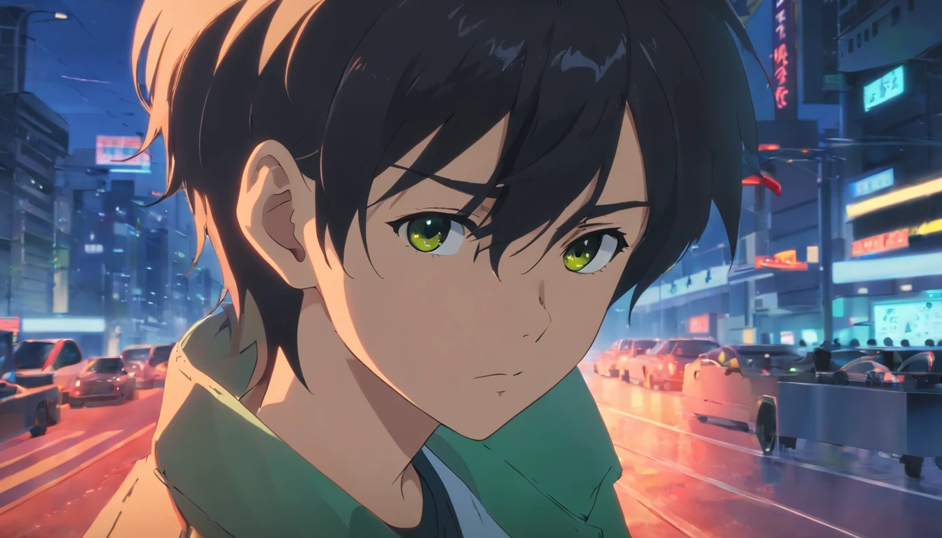 akira, teenager boy, black hair, blurry background, face close up, atmospheric