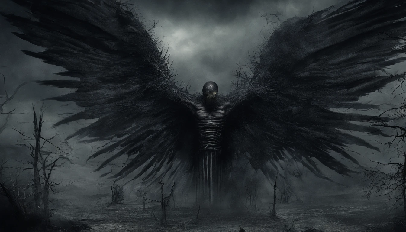 Decaying human body,The whole body is covered with sarcoma,A large eyeball grows on the chest,There are six angel wings on the back,Standing in ruins,above,frotting,sarcoma,Densely packed eyeballs