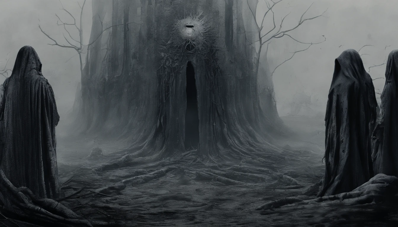 Decaying human body,The whole body is covered with sarcoma,A large eyeball grows on the chest,There are six angel wings on the back,Standing in ruins,above,frotting,sarcoma,Densely packed eyeballs