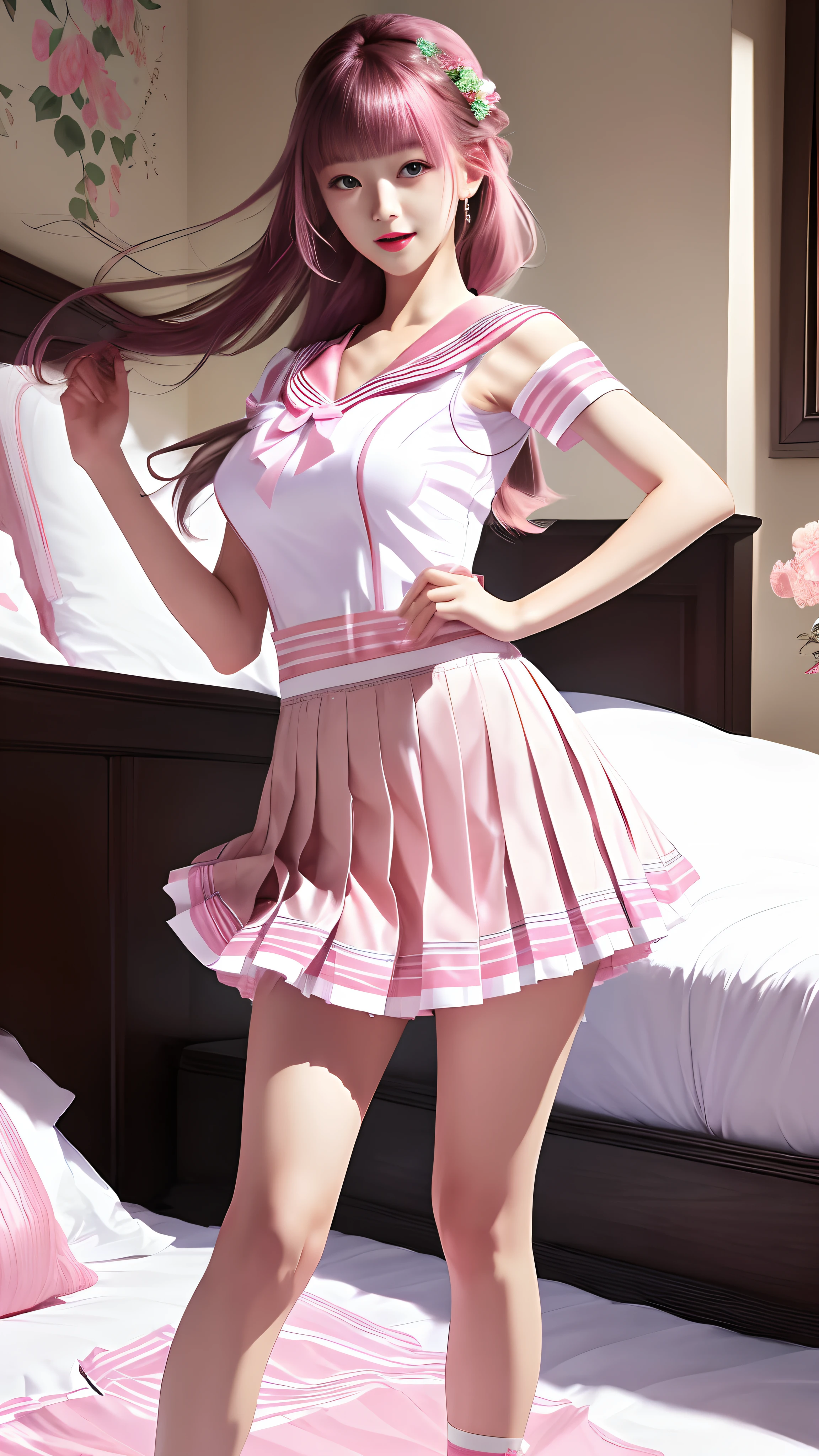 Beautiful illustration、top-quality、Cute little girl s、Bedroom、A pink-haired、long whitr hair、(((Pink pleated skirt)))、(((Pink sailor suit)))、short- sleeved、huge tit、a navel、Turn up the skirt with your hands、showing white panties、Pull up the skirt，The reveal panties、Bare legged、eBlue eyes、on top of the bed、Lovely thighs、glowing thigh