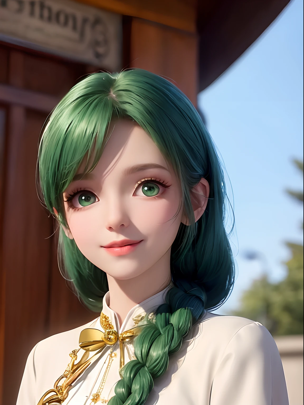 8k, Perfect human body, Real person, Photorealistic, RAW photo, Real human face, Real human face skin, 18yearsold, tall girl, small breasts, slim body, (looking at the camera with pure love eyes), cute look, showing the whole body, up do hair- green, no makeup, beautiful white skin, real human green cute eyes, cute face, movie lighting, no makeup, beautiful white skin, working at the flower shop, making a bouquet, wearing a staff uniform with a navy blue apron and a white button-up shirt, and serving with a shy smile,