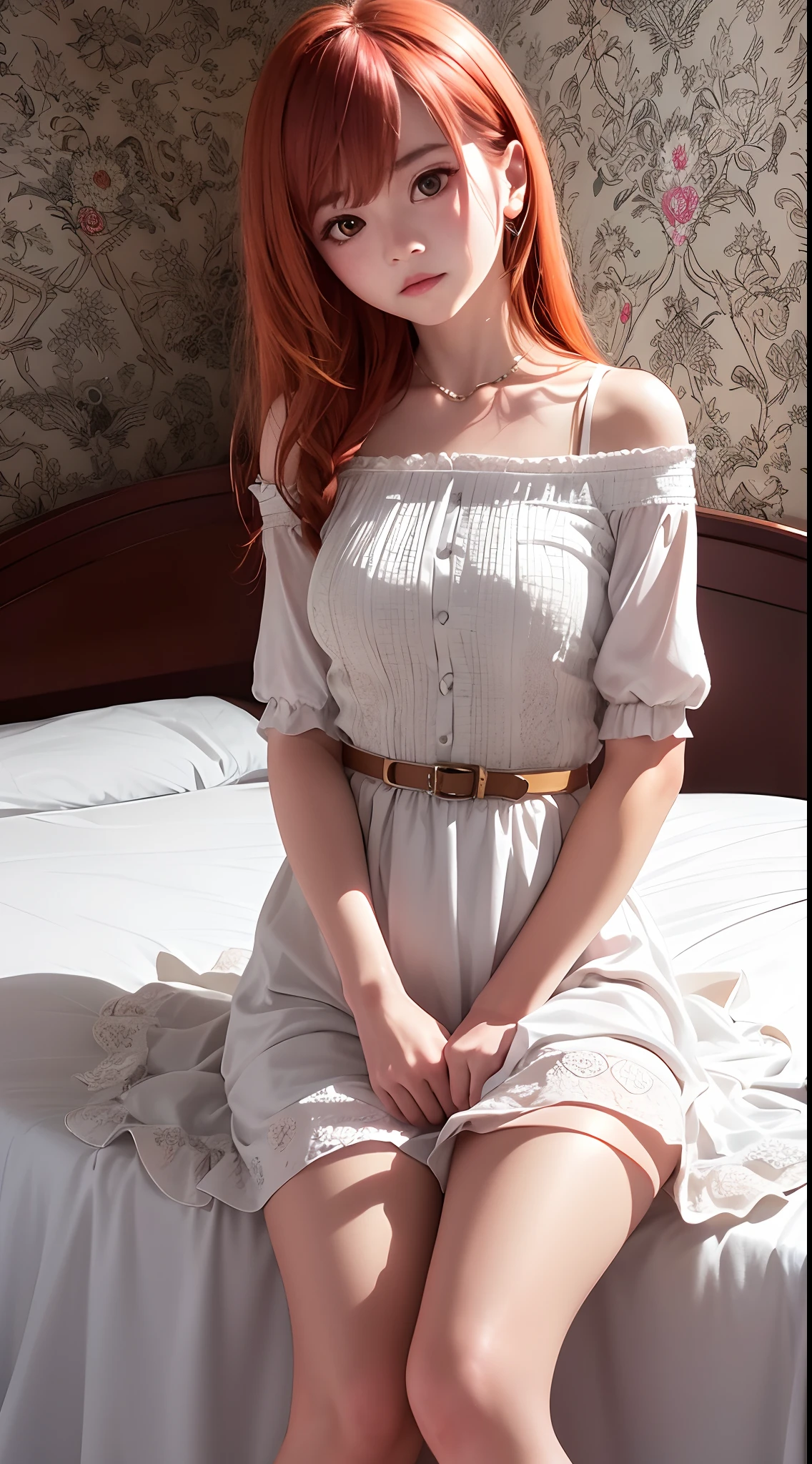 aika, 1girl, solo, long hair:1.5, looking at viewer, blush, bangs, closed mouth, green eyes, orange hair, shy, tsundere, jewelry, collarbone, off-shoulder shirt, white shirt, puffy short sleeves, belt, skirt, floral print, bare legs, masterpiece,best quality,ultra-detailed,very detailed illustrations,extremely detailed,intricate details,highres,super complex details,extremely detailed 8k cg wallpaper, caustics,reflection,ray tracing, blush, background, illustration, bare legs, liying on bed, on back, bed, (lift skirt),