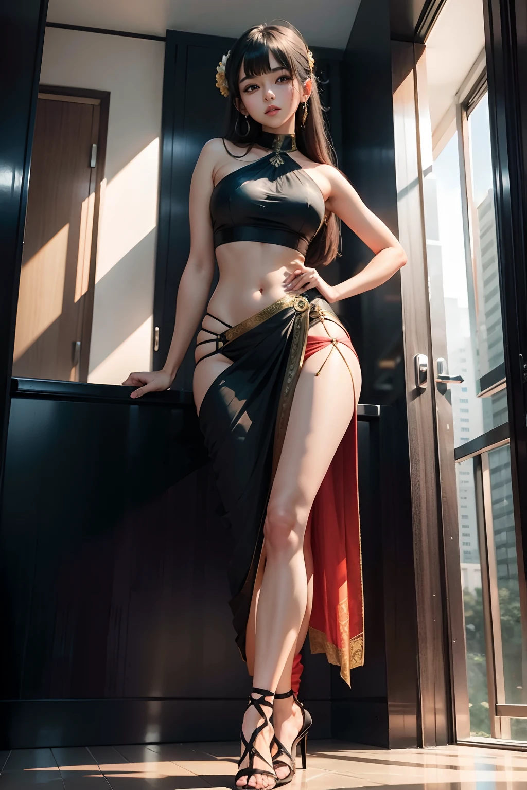 anime girl , wearing bottom-less saree , high-rise slit-dress standing , legs crossed