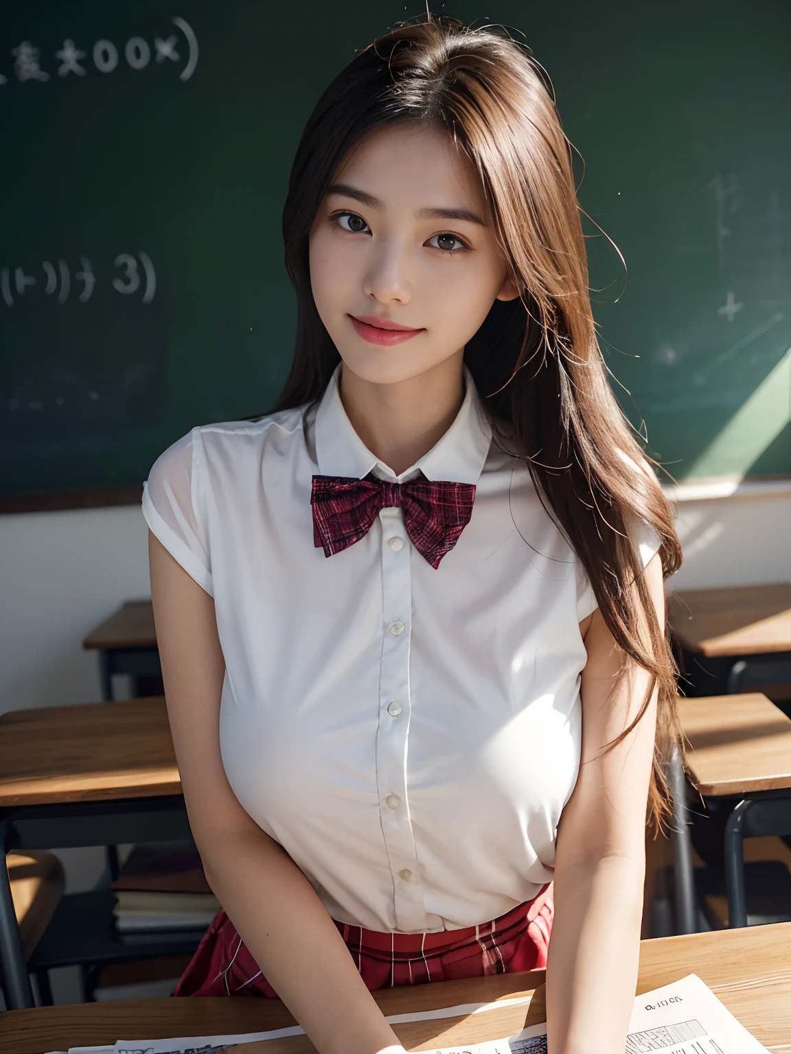 best qualtiy,tmasterpiece,超高分辨率,(真实感:1.4),RAW photogr,1girll,long whitr hair,Face Highlighting,Pure,Girly,Flushing,18yr old,18-year-old smiling female classmate,Pure,Innocent,(best qualtiy,8K,tmasterpiece:1.3),Goose egg face,largeeyes,long eyelasher,Exquisite(live-action realistic style),Star-like eyes,Ultimate face,Photorealistic light and shadow,Clear facial features,Milky white skin,Fair skin, highdetailskin, Realistic skin details, Visible Pore,(Super detail),(perfect bodies:1.1),long whitr hair,(dynamicposes),((Dynamic background((volumettic light:1.3)),Classroom,Plaid skirts,red bowtie,huge tit,White color blouse,There were stacks of books on the table,The blackboard is full of mathematical formulas