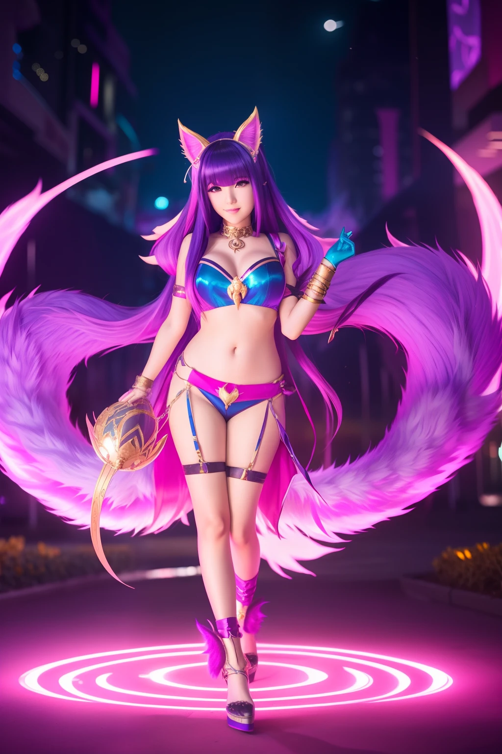 Ahri, 1girl, mystical effects, K/DA, full body, sony, 50mm, f1.2, full body photo, iso 100, nine fox tails relistic