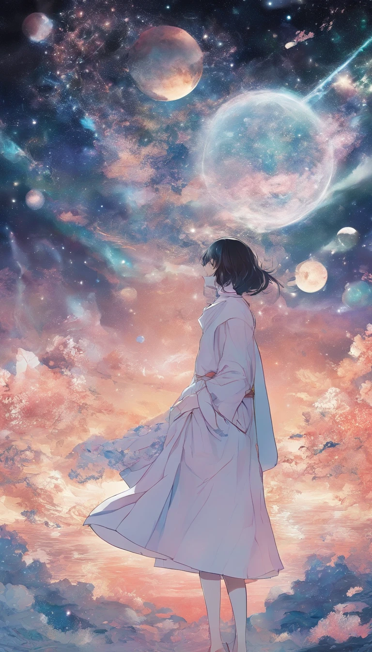 comic strip，Manhwa Style，Cartoon Split，starrysky，Translucent ethereal aliens，中景 the scene is，Full body like， highly detailed surreal vfx，oc rendered，