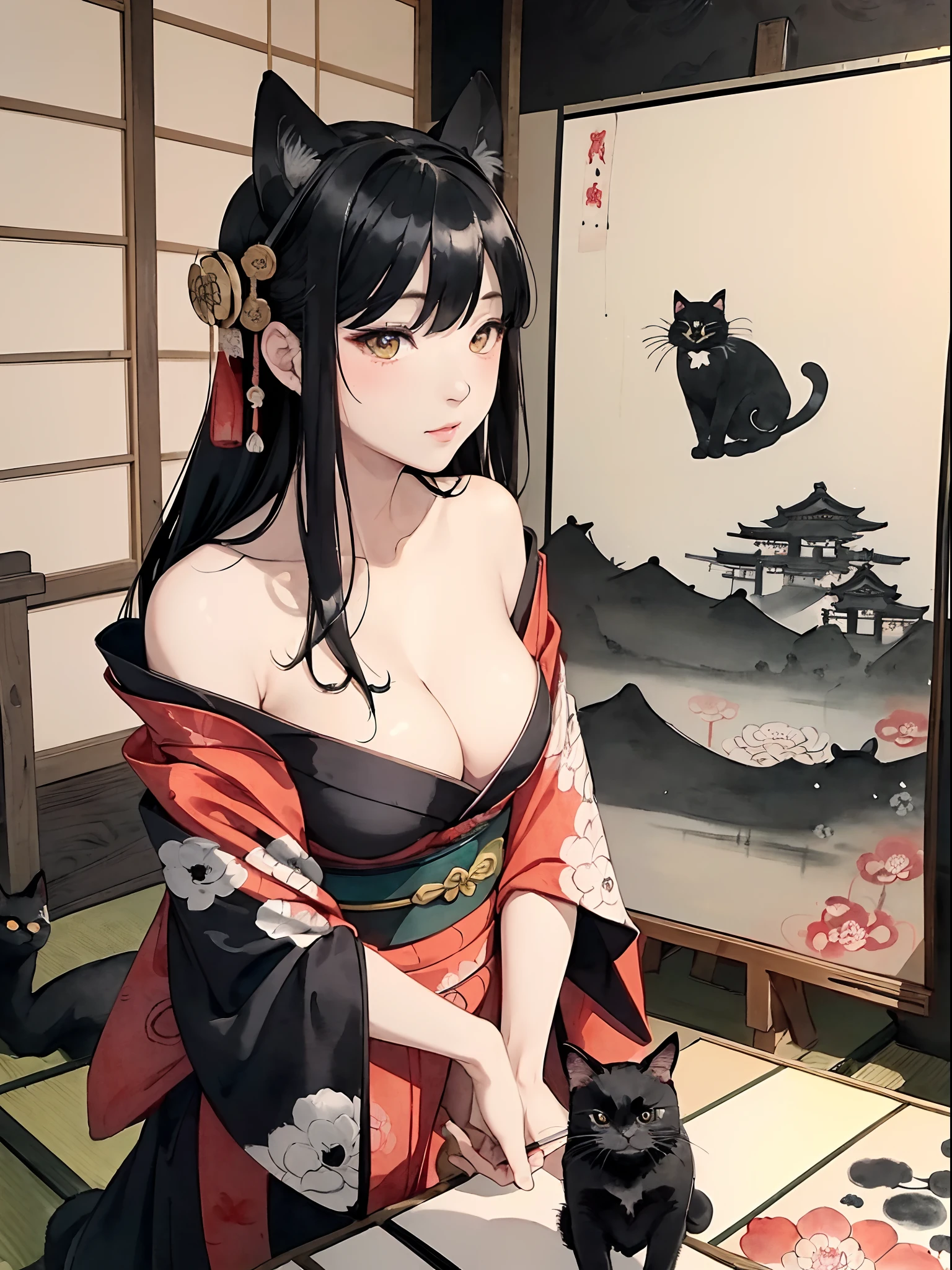 ((8K,masterpiece、top-quality))、((traditional japanese ink painting:1.4)),lotuses,((Kimono:1.3)),Dress conservatively ,Shoulder out、cleavage of the breast、独奏、A dark-haired、((black cat ear)),Nero、looking at viewert