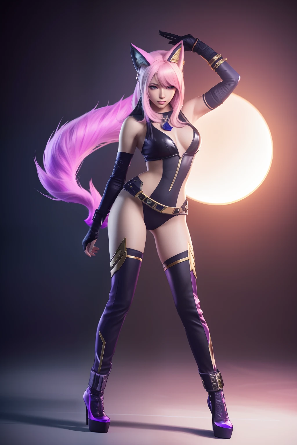photorealistic full body of KDA from league of legends, VI concept art with detailed face by Zeronis, sharp focus, studio lighting, white ambient background, highly detailed, masterpiece,, sony, 50mm, f1.2, full body photo, iso 100, 9 fox tails