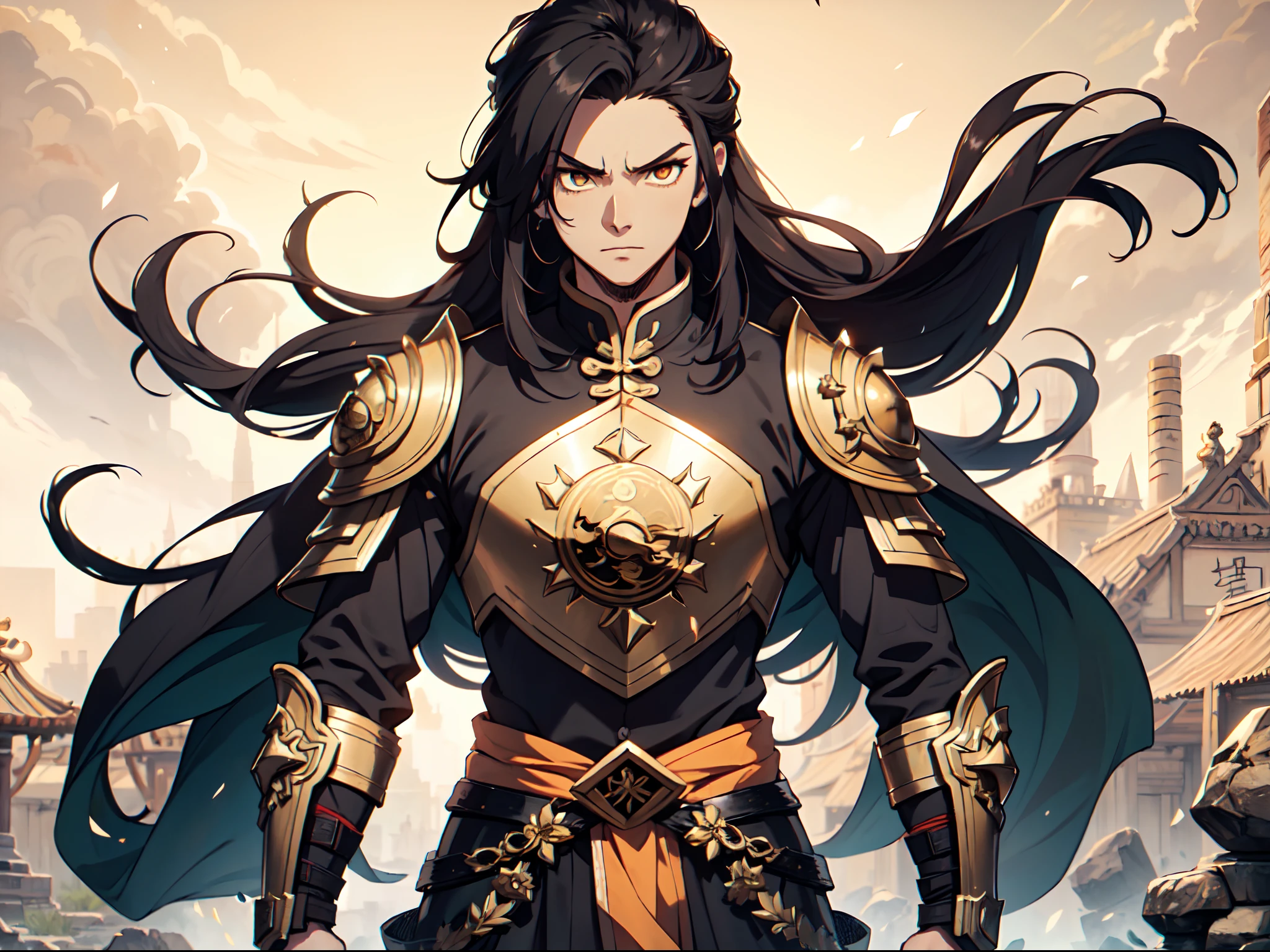 Ultra High Definition, Ultra High Quality, Extremely Detailed, Perfectly Detailed, Masterpiece, 8k, 1 Boy, Look A Like Xin From Kingdom Anime, Handsome, Armored With Chinese Emperor Armor, Black And Orange Pupil Eyes, Black Long Hair Tied, Full Body Shot, Ancient Kingdom Background