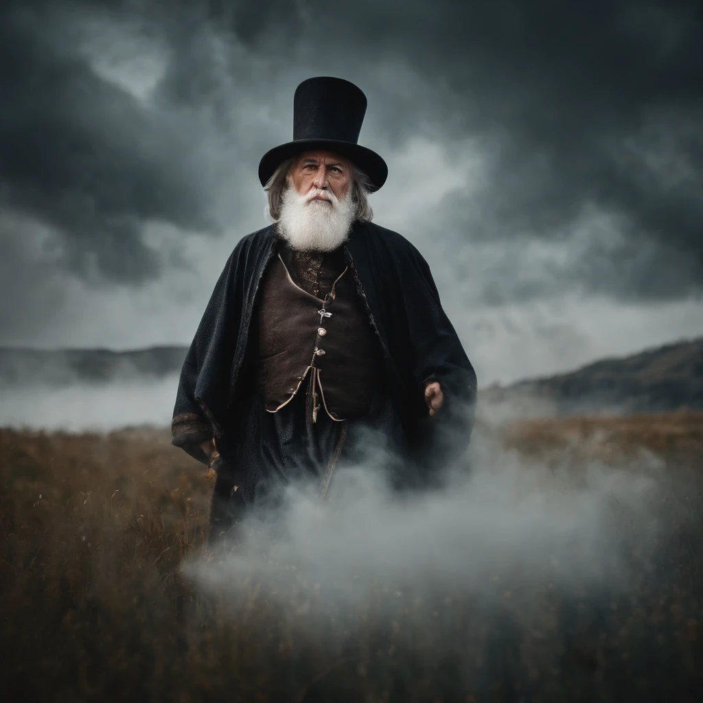 1200s. ily. Old wizard with a gray beard, A spell, There is spirit everywhere, Dynamic pose, Wind, Smoke, spark of light, Stars above the clouds, surrealism, Super realistic, Cinematic, pastel colour, Fantasy universe background