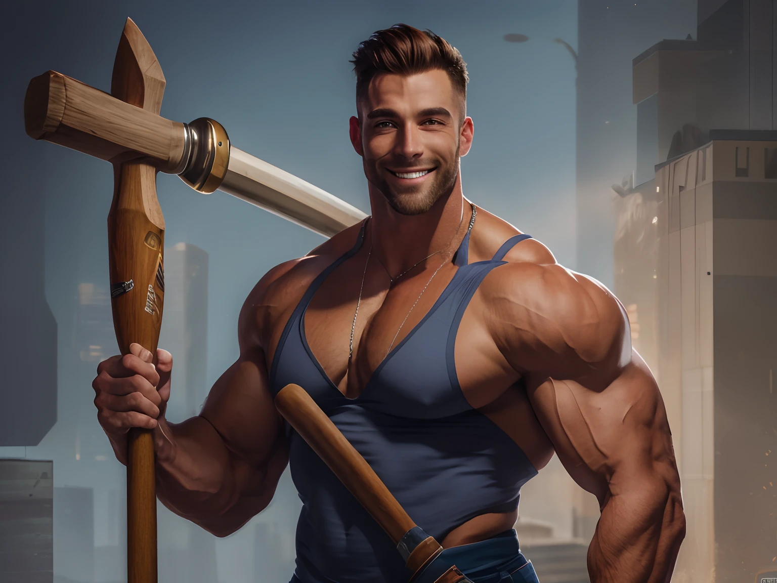 there is a man with a hammer and a baseball bat, muscular character, muscular male hero, fantasy art cocky smile guy, very skilled, muscular character