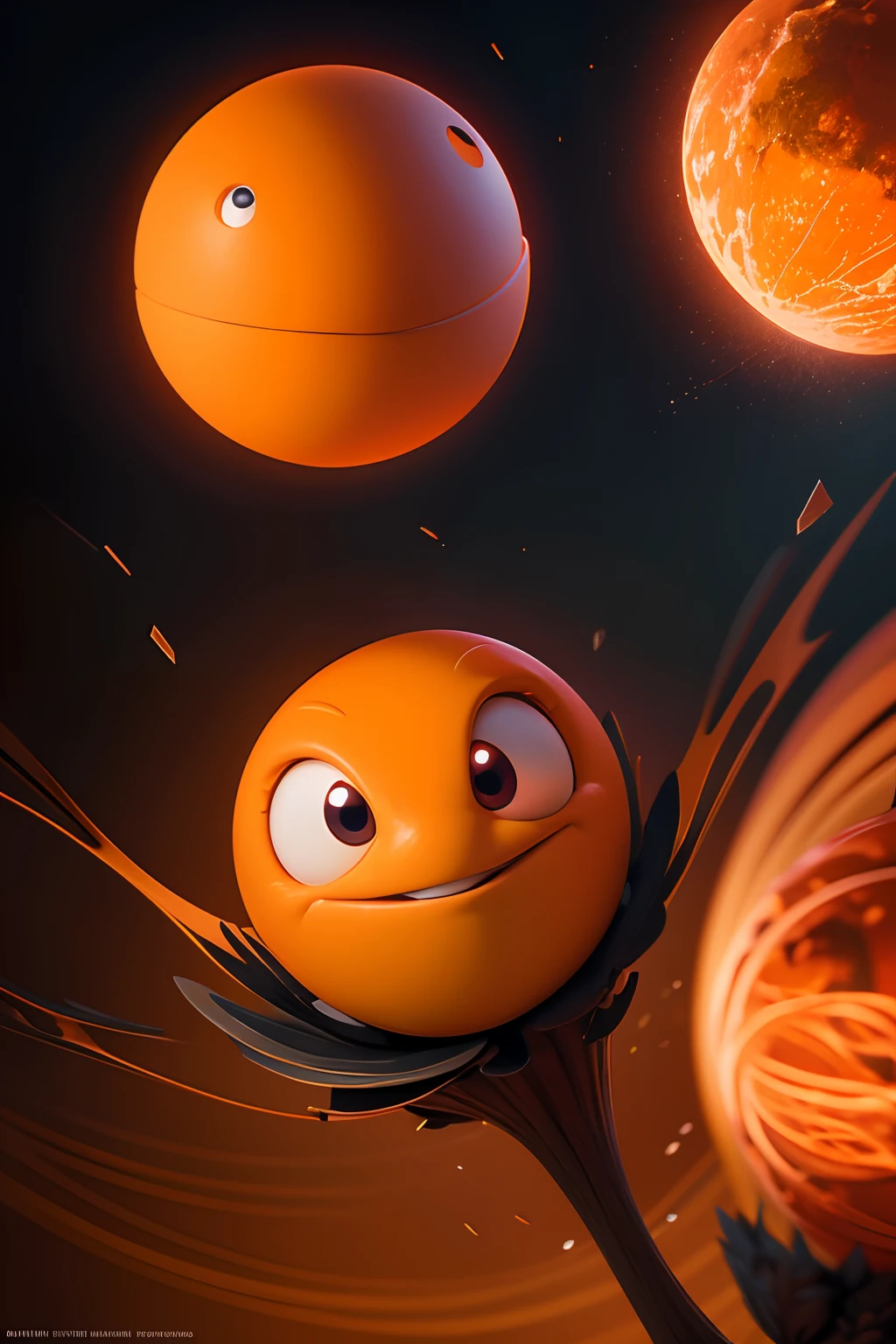 A very dynamic scene. fairytale "Kolobok". a closeup of a. Only a funny orange ball. The ball smiles broadly and bounces. The ball has small arms and legs. Disney's Pixar cartoon character. super realistic. Cinematic. Blurred background of dark forest, Light haze.