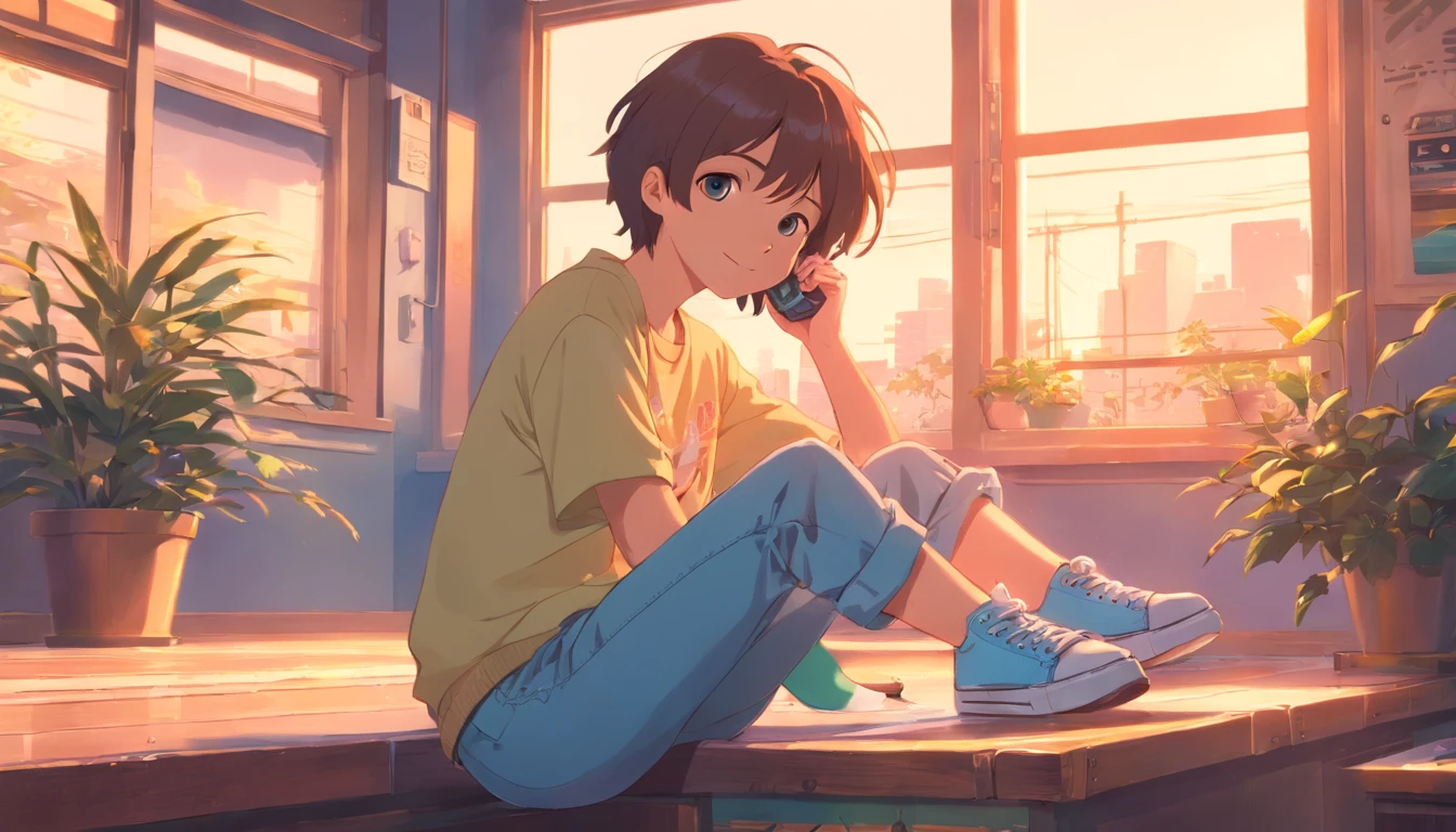 (bright, colorful),lofi boy,illustration,retro vibes,retro aesthetic,vibrant colors,warm and cozy atmosphere,vinyl records,old-school headphones,coffee cup,cassette tape player,plants on window sill,hanging fairy lights,relaxed and casual pose,smiling expression,relaxed fit clothing,t-shirt with vintage design,loose jeans with rolled-up cuffs,sneakers,faded pastel color palette,soft and dreamy lighting,grainy texture,vintage film aesthetic,bokeh effect,vintage camera,skateboard