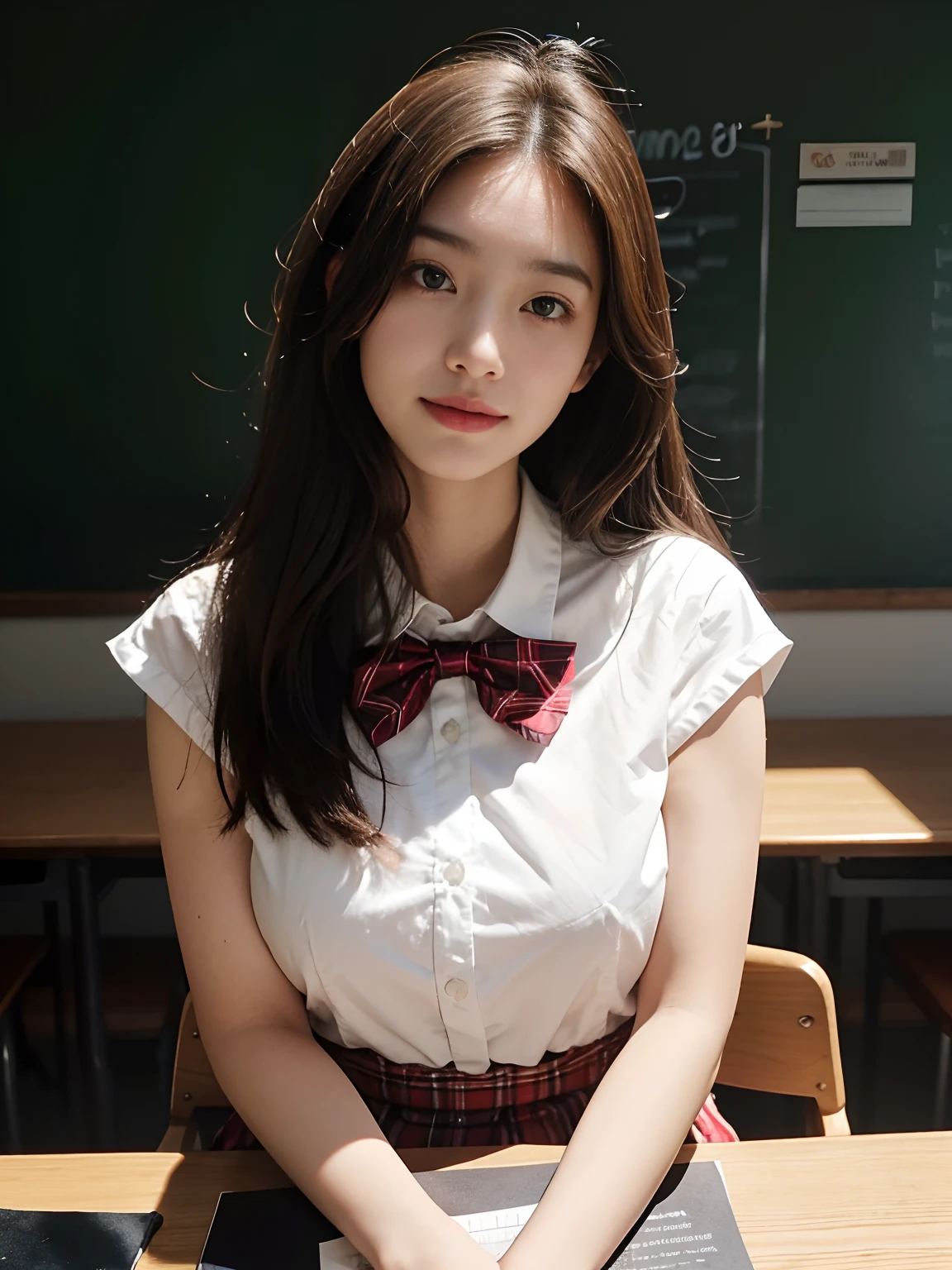 best qualtiy,tmasterpiece,超高分辨率,(真实感:1.4),RAW photogr,1girll,long whitr hair,Face Highlighting,Pure,Girly,Flushing,18yr old,18-year-old smiling female classmate,Pure,Innocent,(best qualtiy,8K,tmasterpiece:1.3),Goose egg face,largeeyes,long eyelasher,Exquisite(live-action realistic style),Star-like eyes,Ultimate face,Photorealistic light and shadow,Clear facial features,Milky white skin,Fair skin, highdetailskin, Realistic skin details, Visible Pore,(Super detail),(perfect bodies:1.1),long whitr hair,(dynamicposes),((Dynamic background((volumettic light:1.3)),Classroom,Plaid skirts,red bowtie,huge tit,White color blouse,There was a stack of books on the table,The blackboard is full of mathematical formulas,The girl is writing with her head down