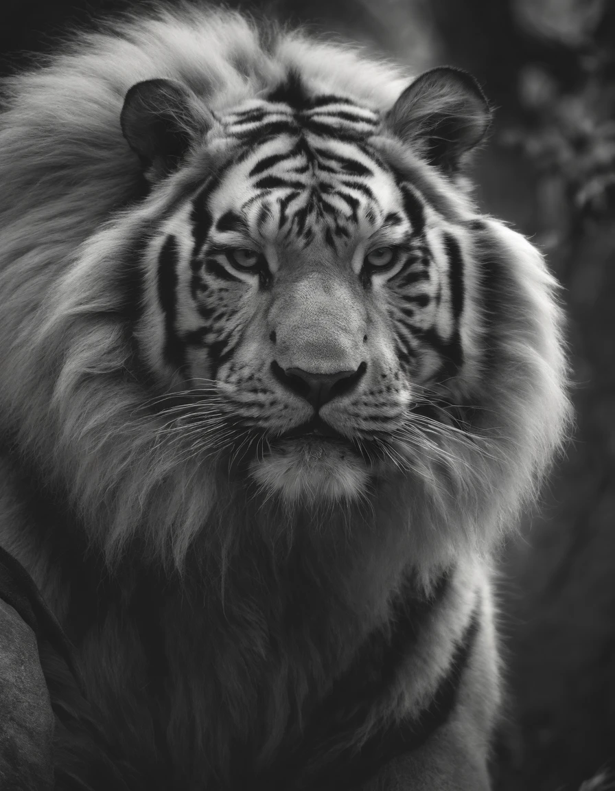 China-style，中景 the scene is，The Taoist priest stood in front of the roaring giant white tiger，（（（White tiger））），Stretch your hands，Long messy hair，Glow effects，Hyper-realistic，Ultra photo realsisim，Chinese black and white ink style，（（（white colors））），Decolorization，Smudge，ink，8K，super-fine，high qulity，（（（OC renderer）））