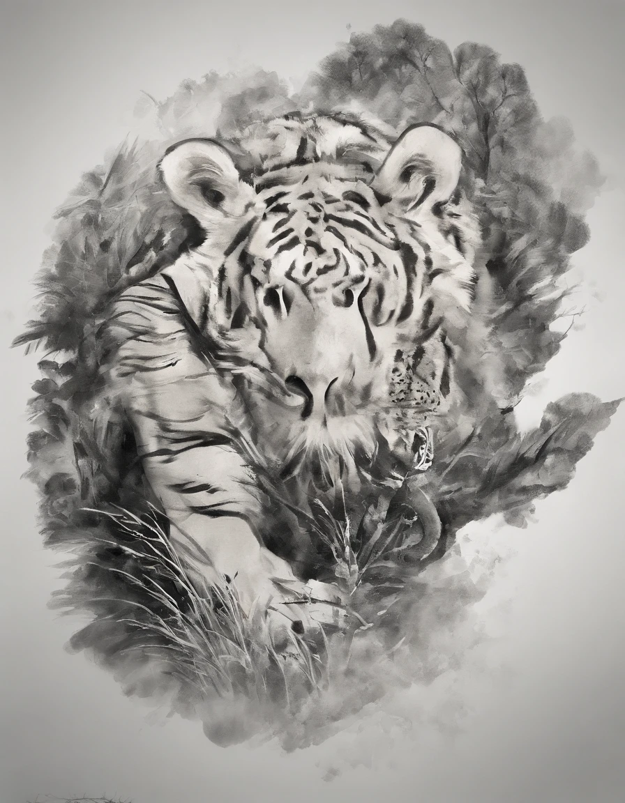 China-style,中景 the scene is,The Taoist priest stood in front of the roaring giant white tiger,(((White tiger))),Stretch your hands,Long messy hair,Glow effects,Hyper-realistic,Ultra photo realsisim,Chinese black and white ink style,(((white colors))),Decolorization,Smudge,ink,8K,super-fine,high qulity,(((OC renderer)))