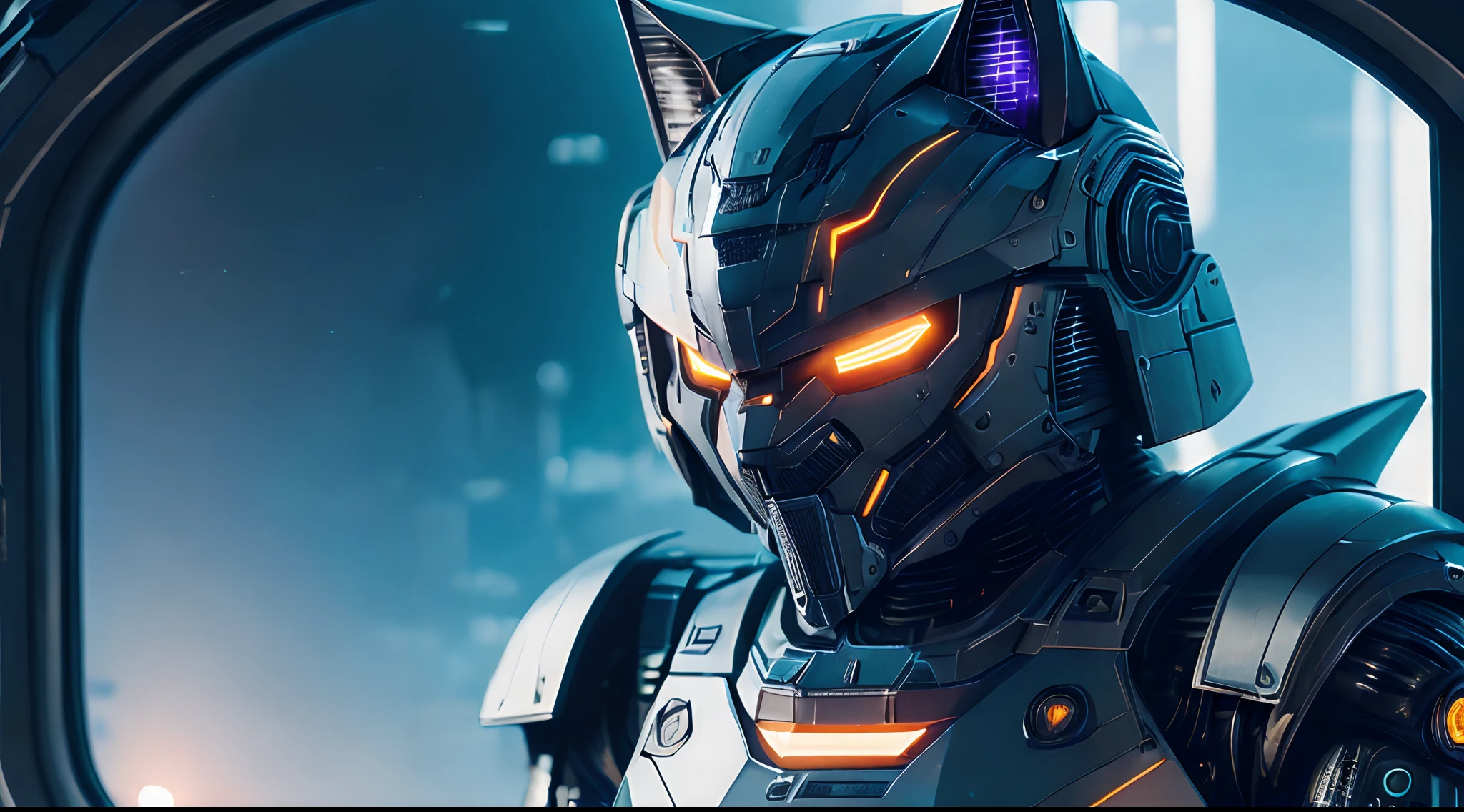 A cute cat as a doomsday killer, realistic scifi cyberpunk power armor robot, Close-up portrait cinematic, 8K, hdr, ((Intricate details, ultra - detailed)), (The light from the back window is backlighted:1.3), (Cinematic:1.3), (art stations:1.3)