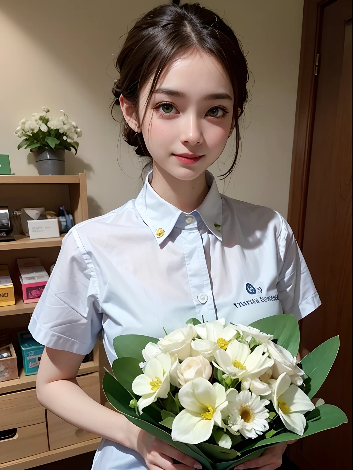 8K, Perfect human body, Real person, Photorealistic, Raw photo, Real human face, Real human face skin, 18year old, Tall Girl, Small breasts, Slim body, (Looking at the camera with pure love eyes), Cute look, Showing the whole body, Updo Hair Green, No makeup, Beautiful white skin, Real human green cute eyes, Cute face, Movie Lighting, No makeup, Beautiful white skin, Work in a flower shop, Making a bouquet, Staff uniform with dark blue apron、wearing white button up shirt, And serve with a shy smile,