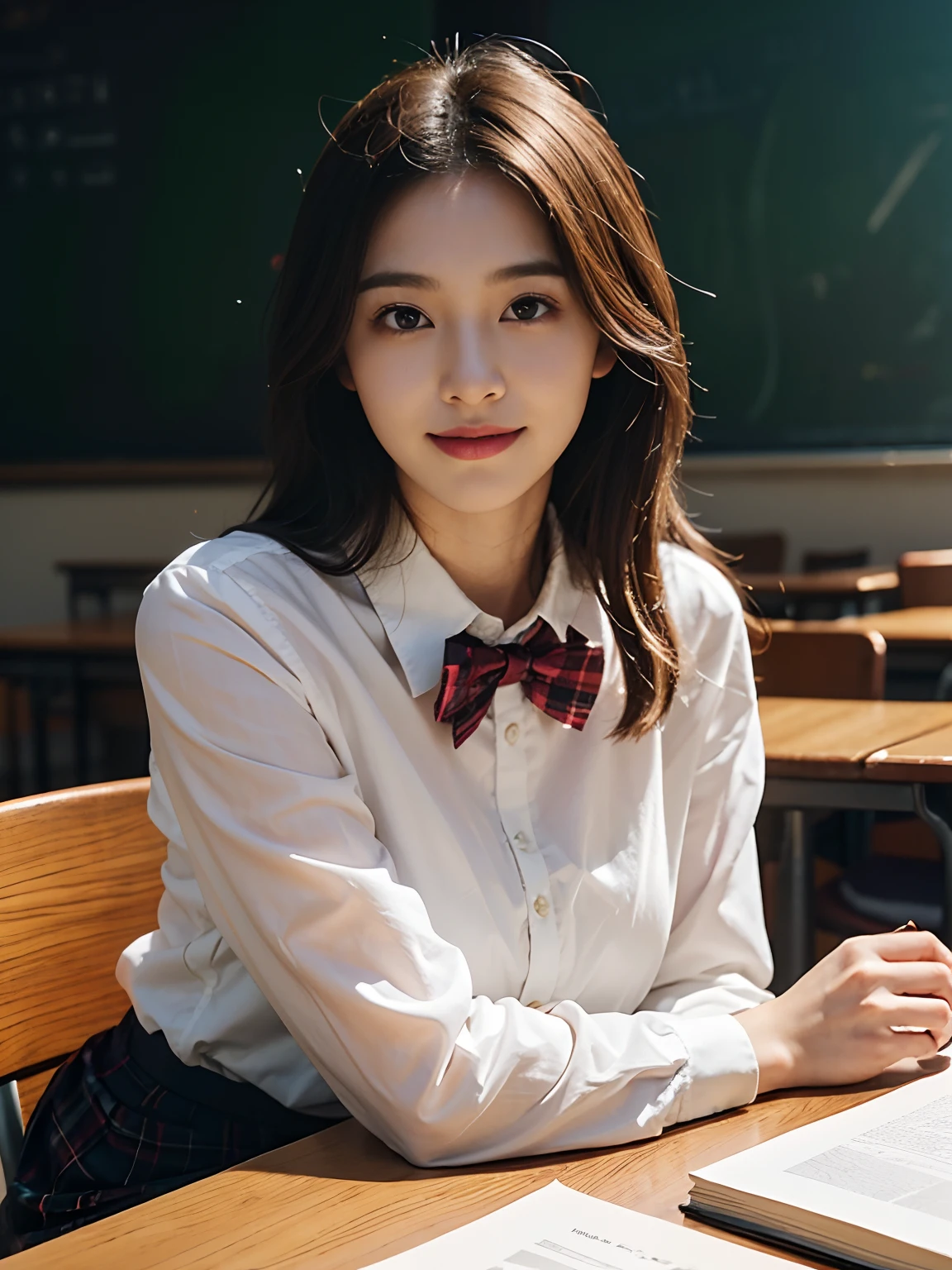 best qualtiy,tmasterpiece,超高分辨率,(真实感:1.4),RAW photogr,1girll,long whitr hair,Face Highlighting,Pure,Girly,Flushing,18yr old,18-year-old smiling female classmate,Pure,Innocent,(best qualtiy,8K,tmasterpiece:1.3),Goose egg face,largeeyes,long eyelasher,Exquisite(live-action realistic style),Star-like eyes,Ultimate face,Photorealistic light and shadow,Clear facial features,Milky white skin,Fair skin, highdetailskin, Realistic skin details, Visible Pore,(Super detail),(perfect bodies:1.1),long whitr hair,(dynamicposes),((Dynamic background((volumettic light:1.3)),Classroom,Plaid skirts,red bowtie,huge tit,White color blouse,There was a stack of books on the table,The blackboard is full of mathematical formulas