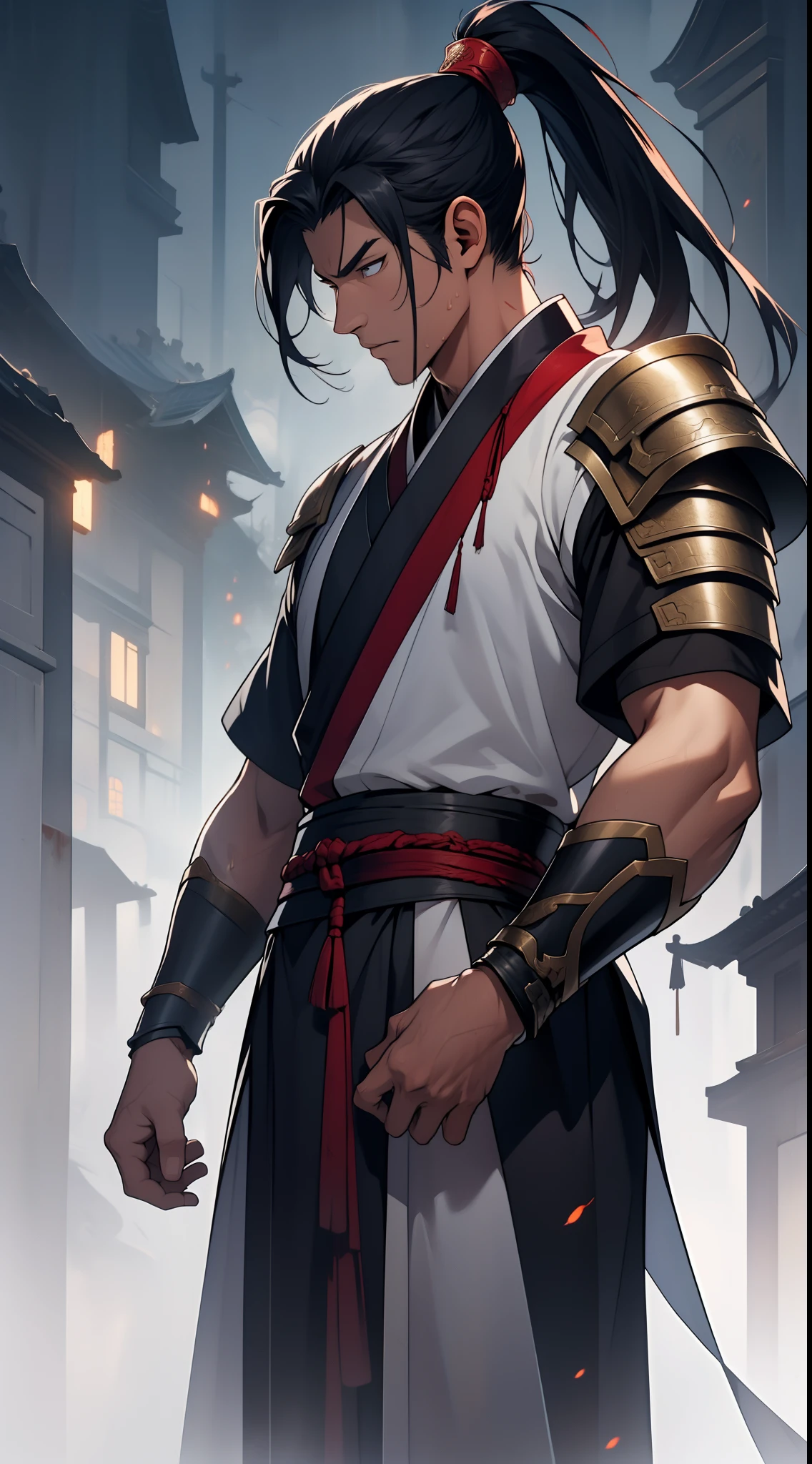 quadratic element,style of anime,mtu(Male Warrior),The proportions are correct,Face details,swordsmen,High ponytail hairstyle,Neck details,(Positive focus),(in the darkness nigth:1),(best qualtiy),(Fidelity:1),filmposter,realistic skin textures,highly detailed,8k wallpaper,Volumetriclighting,动态照明,A man,Long black ponytail hair,long white robe,white sash,A small amount of armor,Shoulder blades,Waist Guard,Hand Guard,Hold the long sword in front of you,mounted on a horse,Ancient Chinese wind,Short sword at the waist,attack pose,blood stain,Broken clothes,Ancient Chinese Battlefield,A group of ancient soldiers chased and killed,Arrows fly,There is a lot of war,the night,Dramatic composition,Sword qi surrounding,The picture is rich in detail,karo,电影灯光,Clothing is complicated,Perfectcomposition,Refinement,high qulity,higher details,Lots of details,The background is complex,a sense of atmosphere,Game quality,Swordsmanship,Light and shadow tracking,Ray traching,detailed glow,cg render,hair detail,