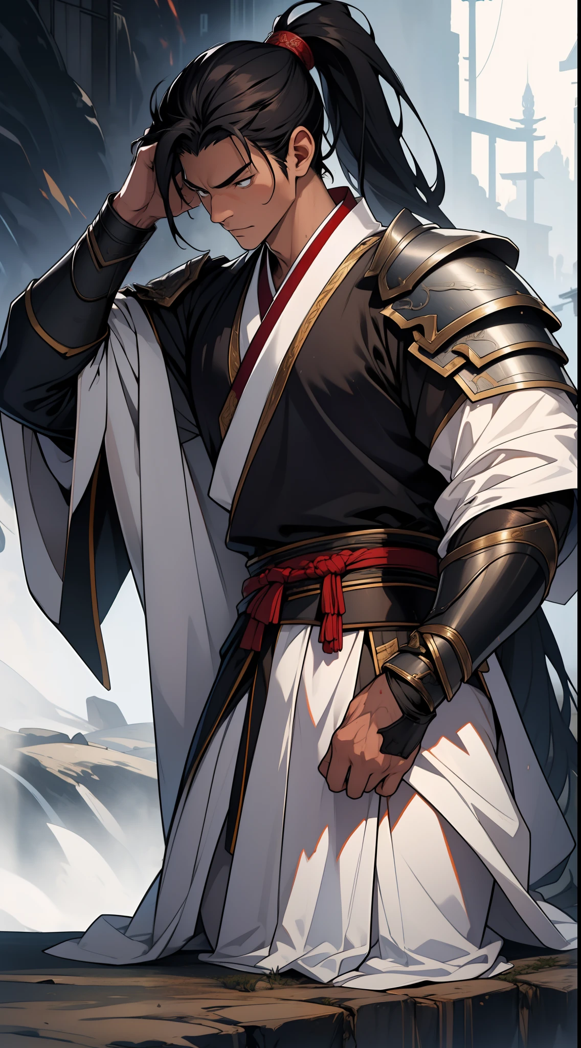 quadratic element,style of anime,mtu(Male Warrior),The proportions are correct,Face details,swordsmen,High ponytail hairstyle,Neck details,(Positive focus),(in the darkness nigth:1),(best qualtiy),(Fidelity:1),filmposter,realistic skin textures,highly detailed,8k wallpaper,Volumetriclighting,动态照明,A man,Long black ponytail hair,long white robe,white sash,A small amount of armor,Shoulder blades,Waist Guard,Hand Guard,Hold the long sword in front of you,mounted on a horse,Ancient Chinese wind,Short sword at the waist,attack pose,blood stain,Broken clothes,Ancient Chinese Battlefield,A group of ancient soldiers chased and killed,Arrows fly,There is a lot of war,the night,Dramatic composition,Sword qi surrounding,The picture is rich in detail,karo,电影灯光,Clothing is complicated,Perfectcomposition,Refinement,high qulity,higher details,Lots of details,The background is complex,a sense of atmosphere,Game quality,Swordsmanship,Light and shadow tracking,Ray traching,detailed glow,cg render,hair detail,